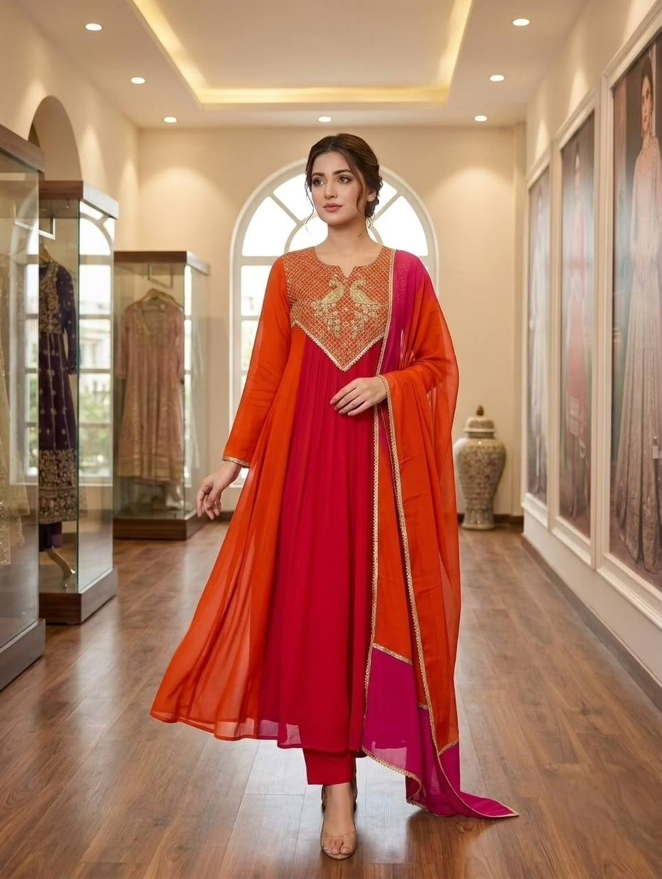 Festive Mul Chanderi Cording Sequin Embroidered Kurti Pant & Dupatta Set