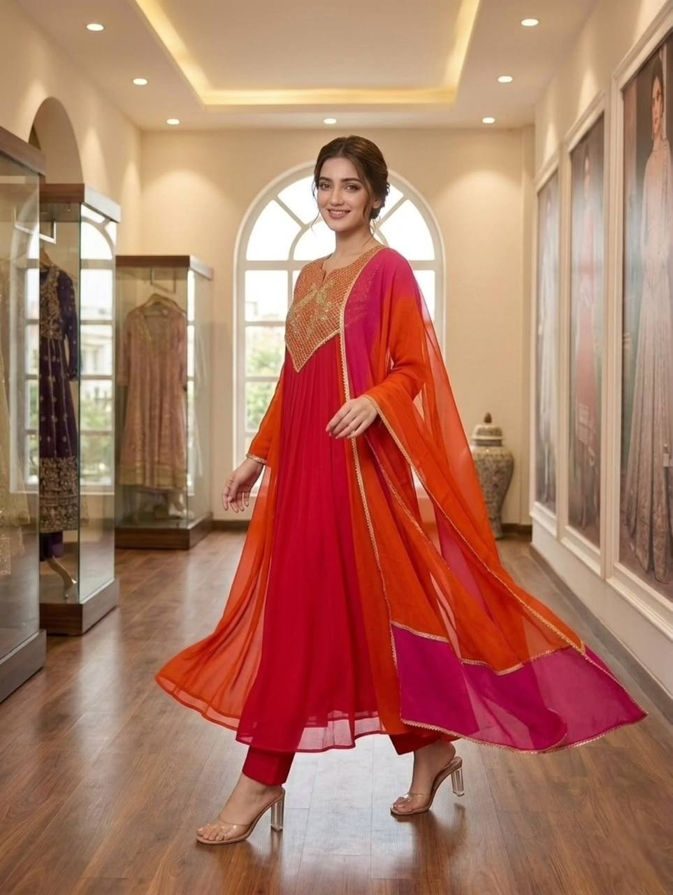 Festive Mul Chanderi Cording Sequin Embroidered Kurti Pant & Dupatta Set