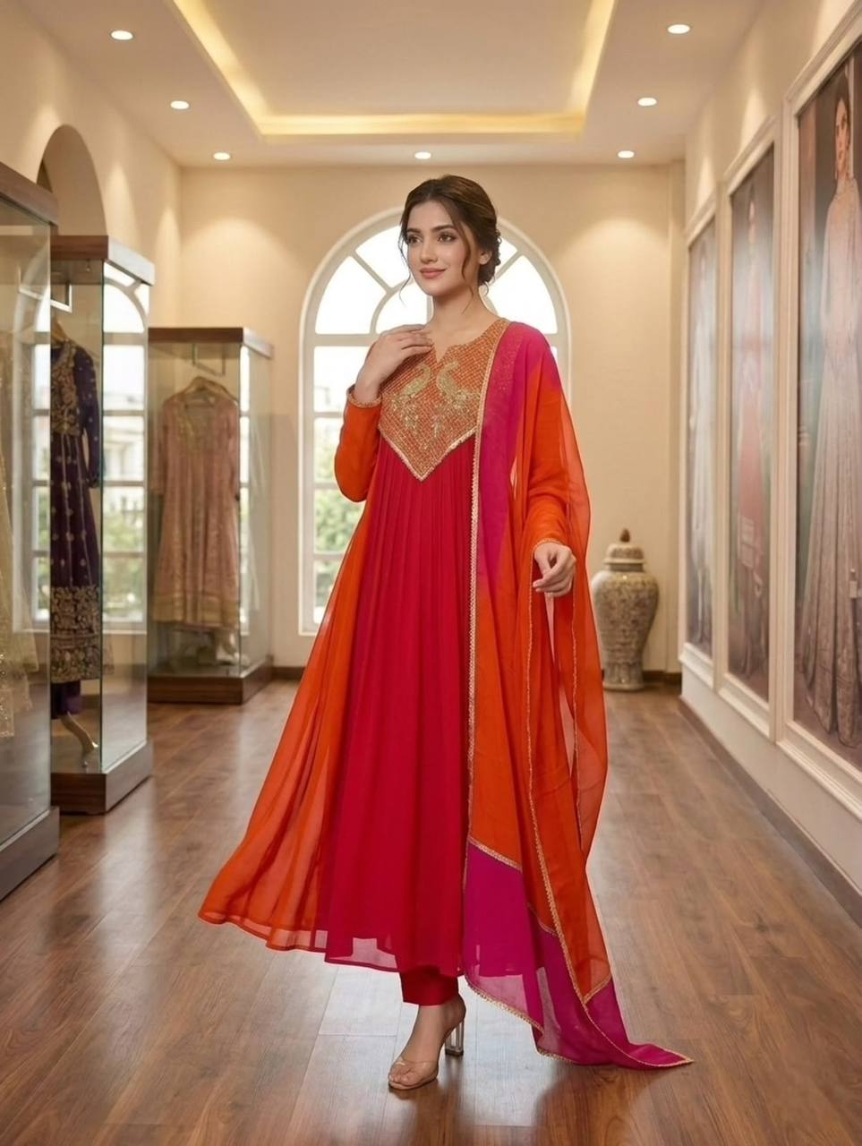 Festive Mul Chanderi Cording Sequin Embroidered Kurti Pant & Dupatta Set