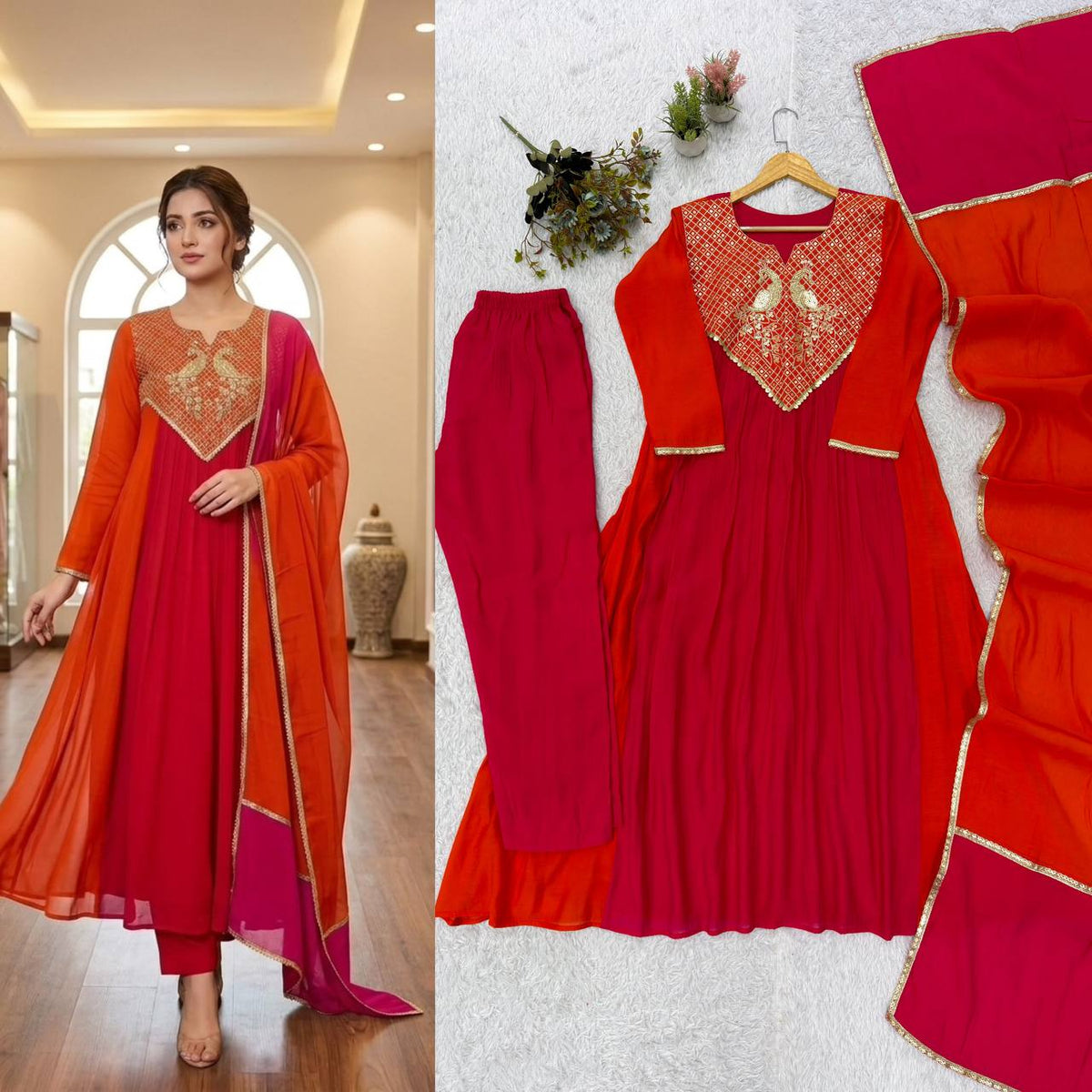 Festive Mul Chanderi Cording Sequin Embroidered Kurti Pant & Dupatta Set