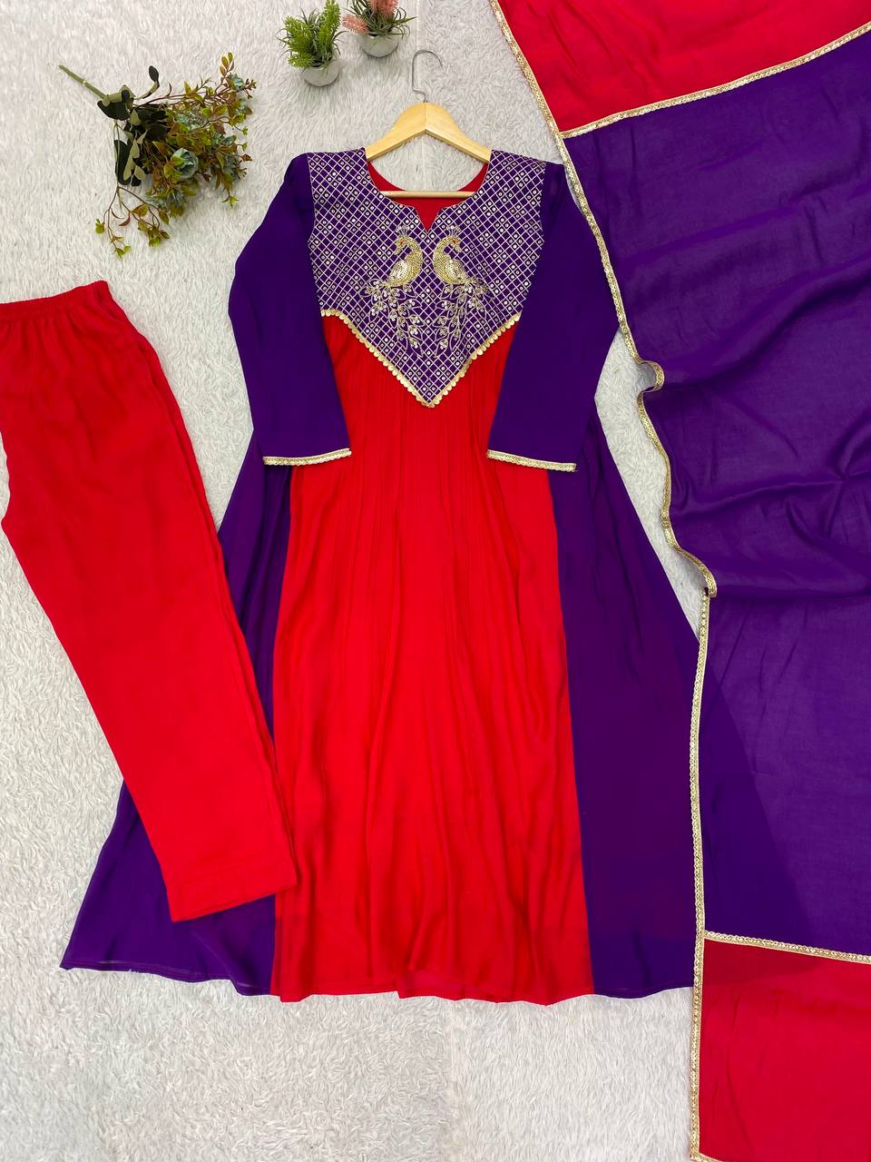 Festive Mul Chanderi Cording Sequin Embroidered Kurti Pant & Dupatta Set