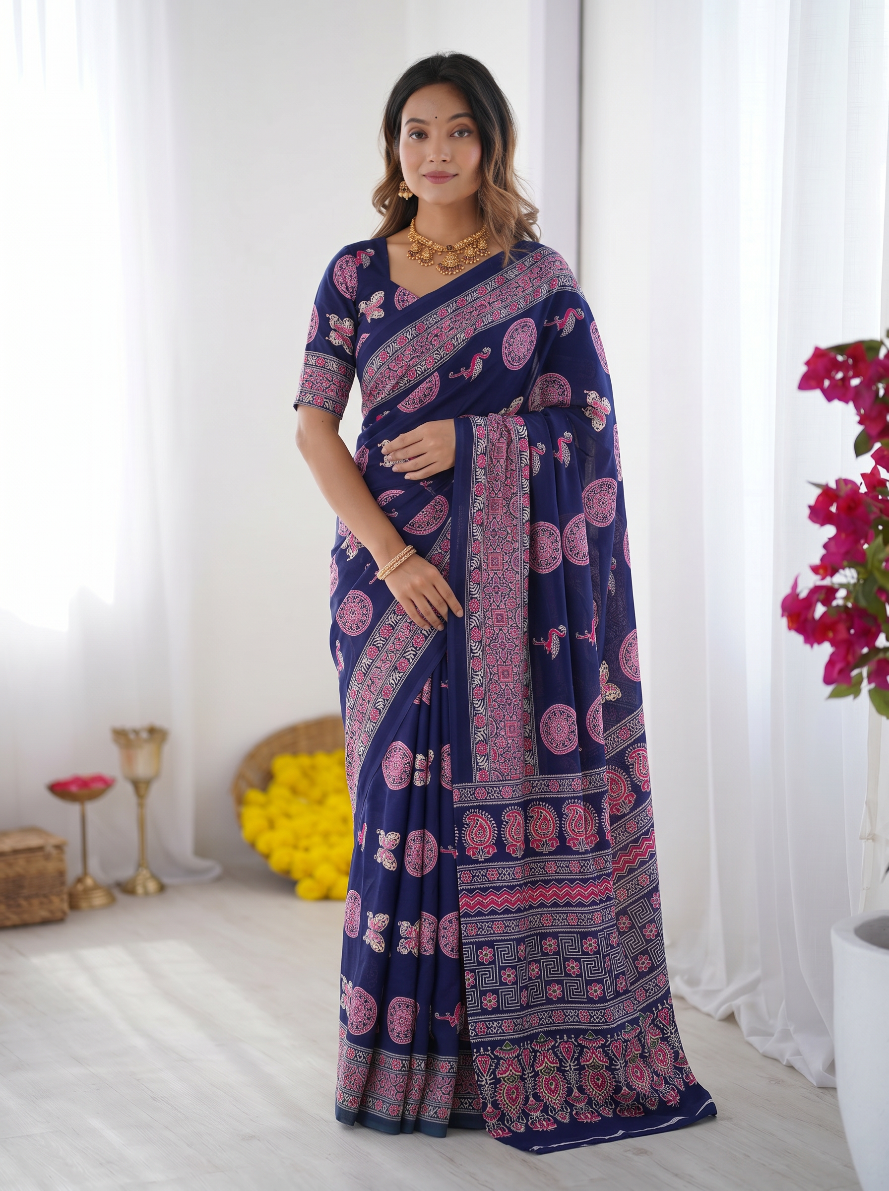 Navy Blue Modal Silk Saree with Paisley & Circular Motif Print | Designer Heritage Pallu Saree for Festive Wear