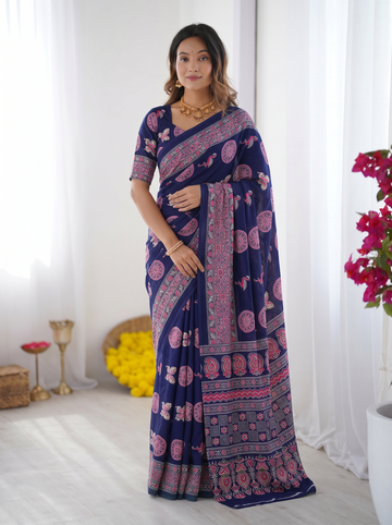 Navy Blue Modal Silk Saree with Paisley & Circular Motif Print | Designer Heritage Pallu Saree for Festive Wear