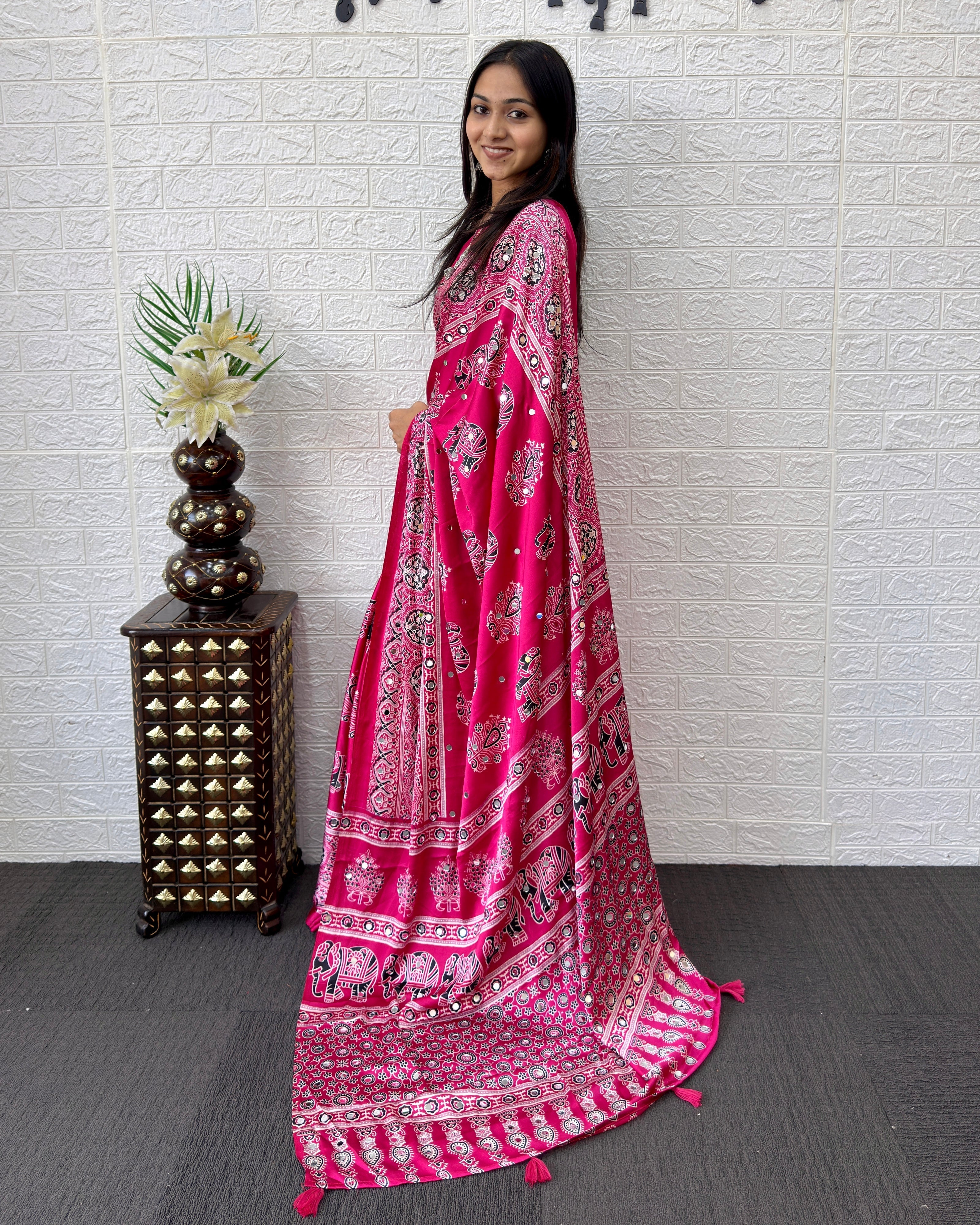 Rani Pink Modal Silk Saree with Elephant Motif Ajrakh Print & Designer Pallu | Festive Ethnic Wear Saree