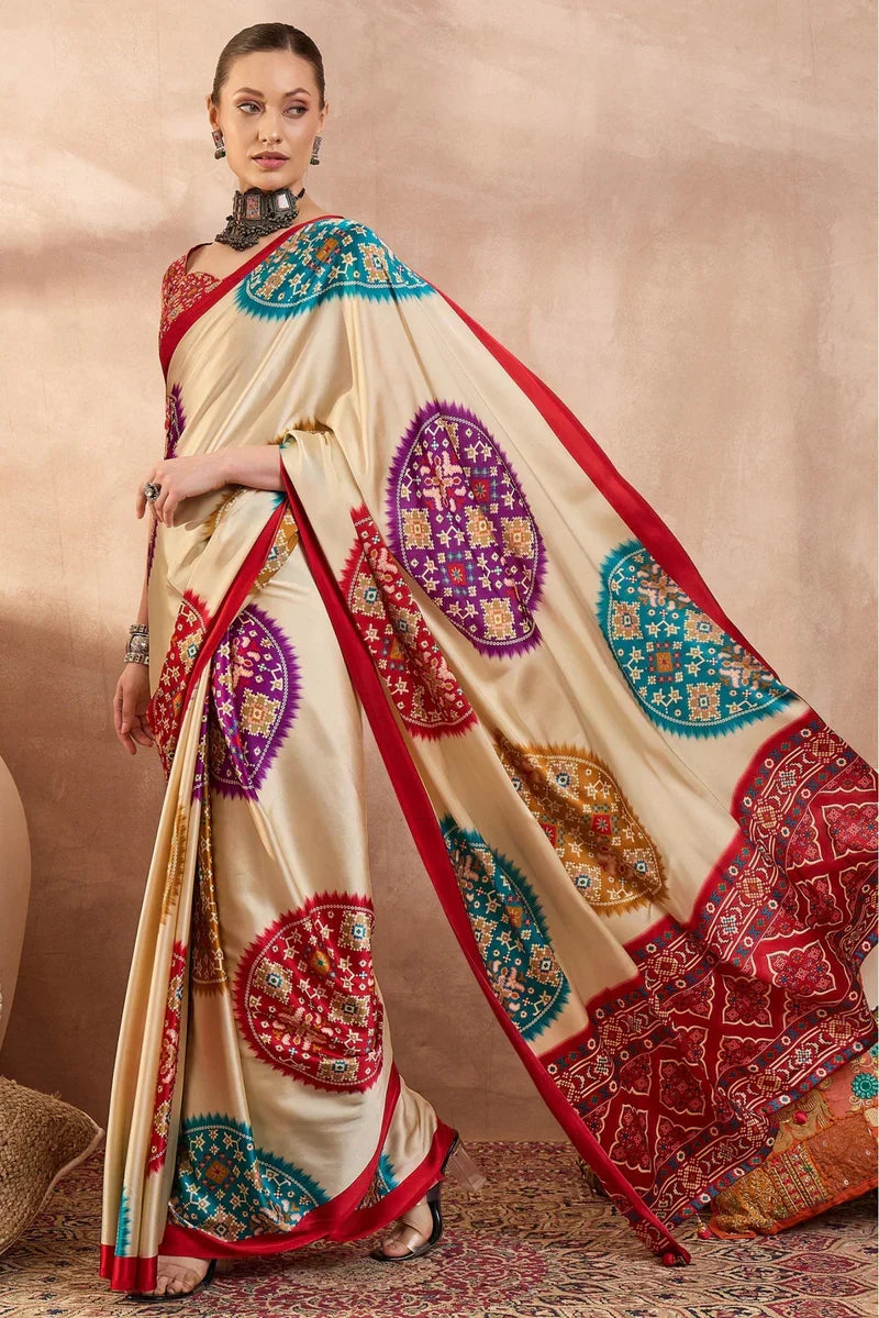 Cream Modal Silk Saree with Multicolor Patola-Inspired Print & Ruby Red Border | Designer Festive Wear Saree