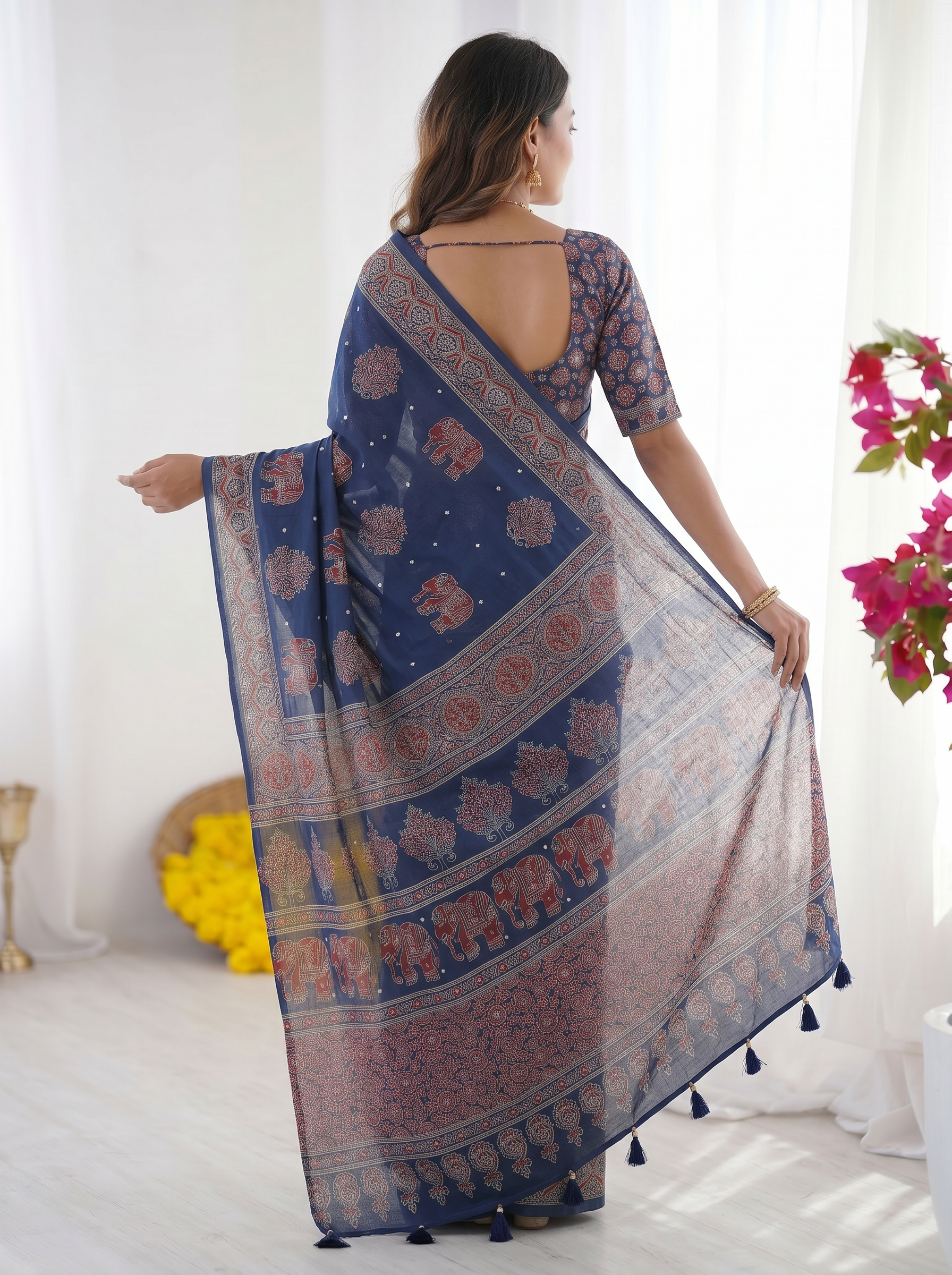 Royal Blue Modal Silk Saree with Elephant Motif Heritage Print & Designer Pallu | Traditional Festive Wear Saree
