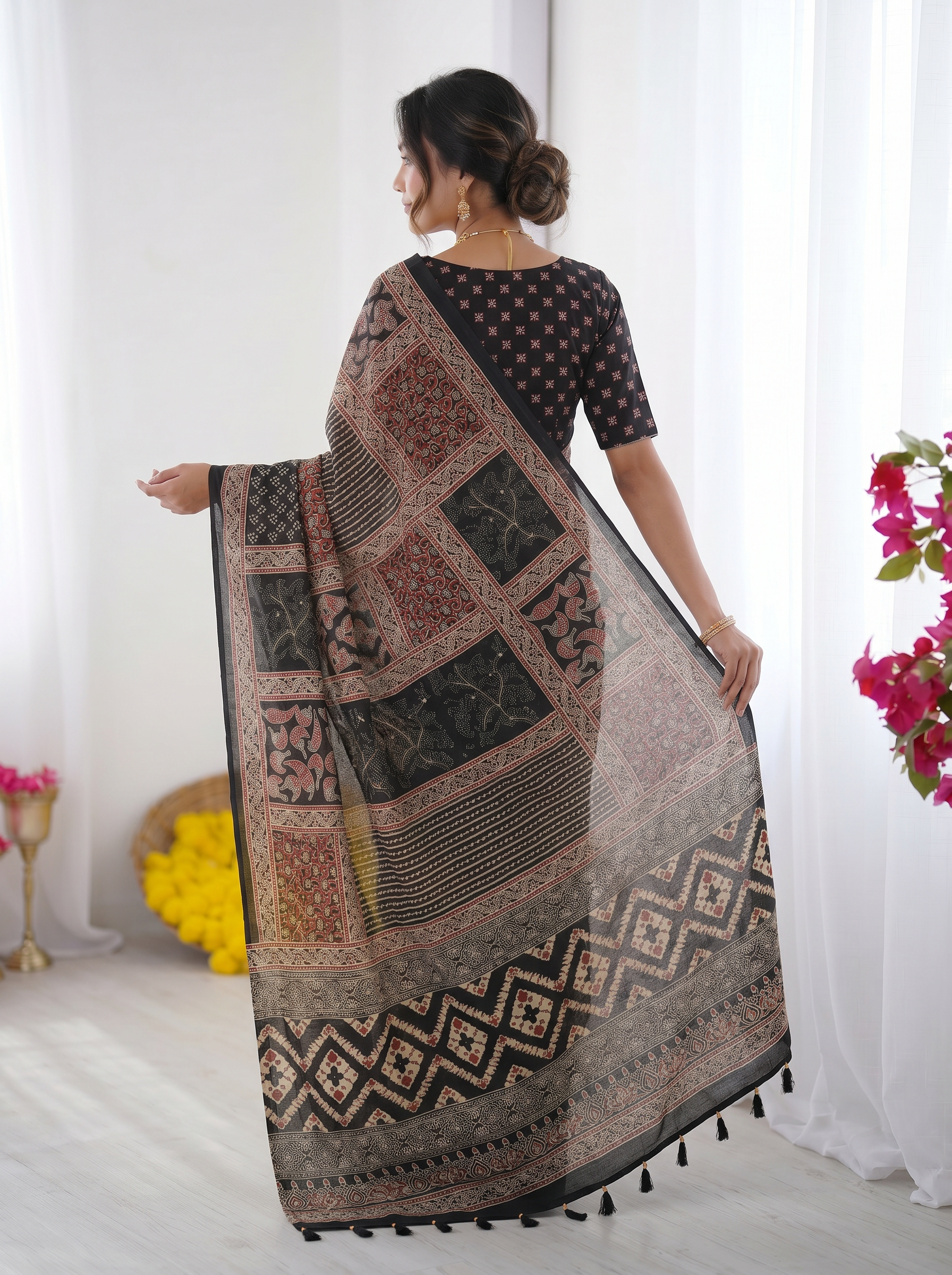 Black Modal Silk Saree with Tribal & Geometric Print | Designer Heritage Pallu Saree for Festive Wear