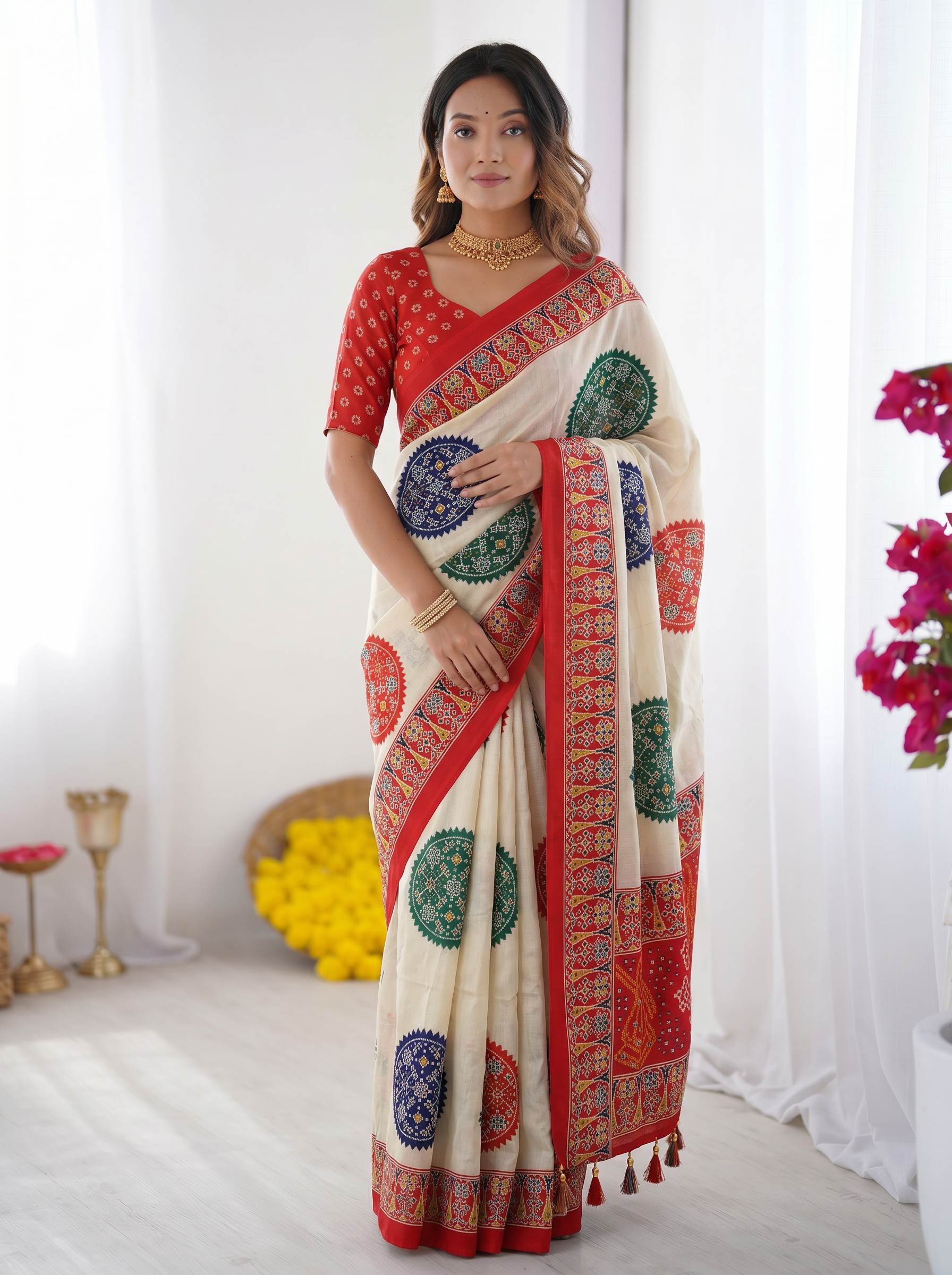 Ivory White & Vermilion Red Pure Modal Silk Saree with Multicolor Mandala Print & Traditional Designer Pallu