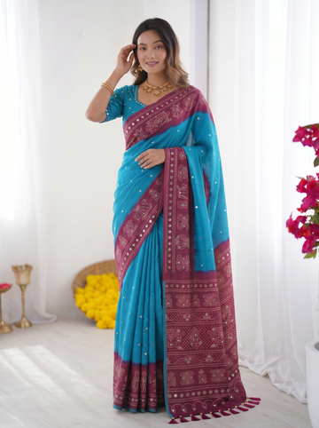 Sky Blue & Wine Purple Bandhani Printed Cotton Silk Saree with Traditional Folk Border & Tassel Pallu