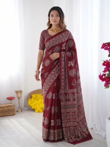 Maroon Modal Silk Saree with Paisley & Circular Motif Print | Designer Heritage Pallu Saree for Festive Wear