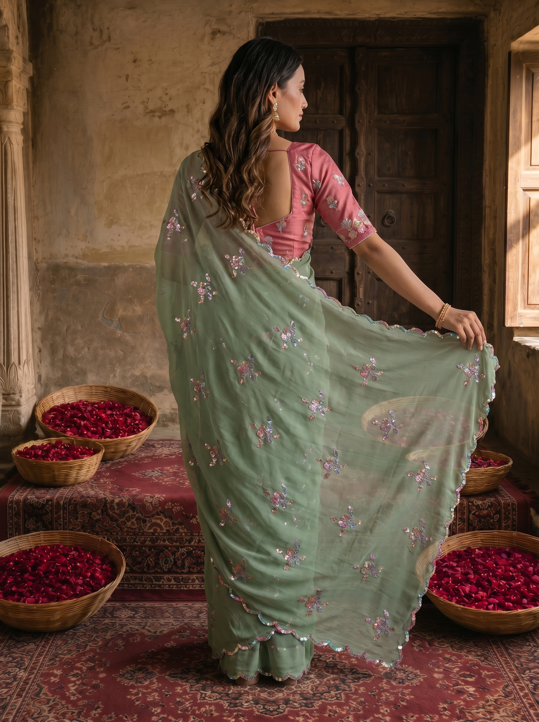 Sage Green Georgette Embroidered Saree with Floral Sequin Work & Designer Blouse