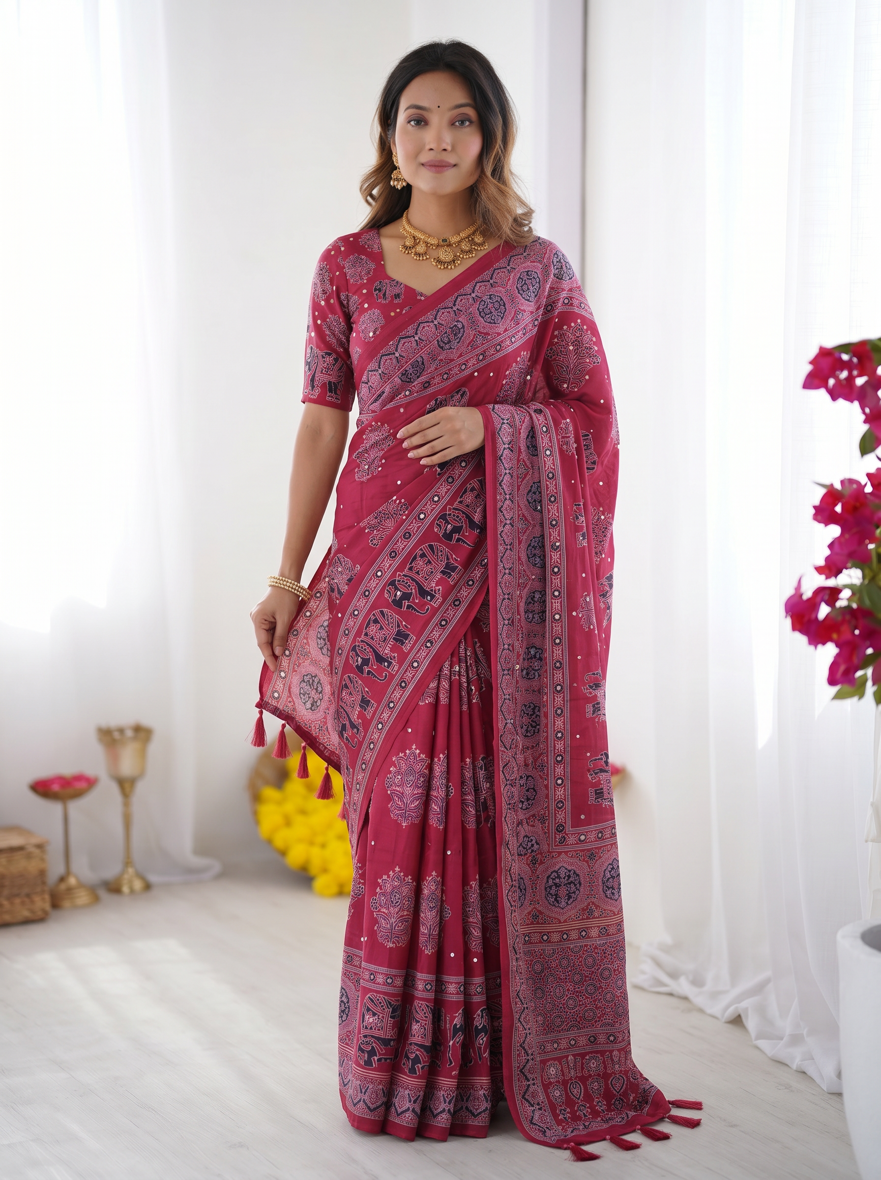 Rani Pink Modal Silk Saree with Elephant Motif Ajrakh Print & Designer Pallu | Festive Ethnic Wear Saree