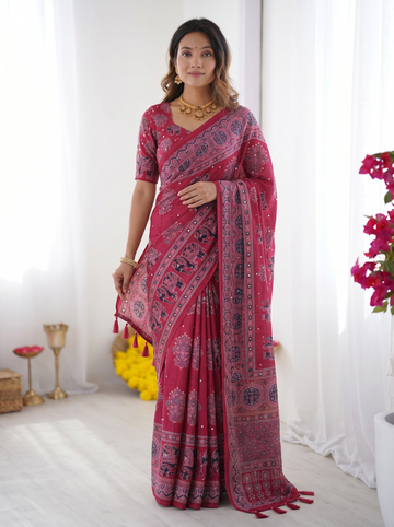 Rani Pink Modal Silk Saree with Elephant Motif Ajrakh Print & Designer Pallu | Festive Ethnic Wear Saree