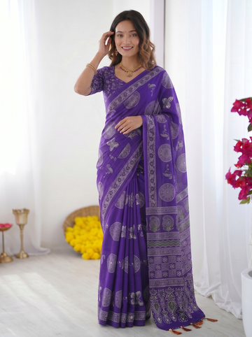 Royal Purple Modal Silk Saree with Circular Medallion Print & Heritage Designer Pallu | Festive & Ethnic Wear Saree
