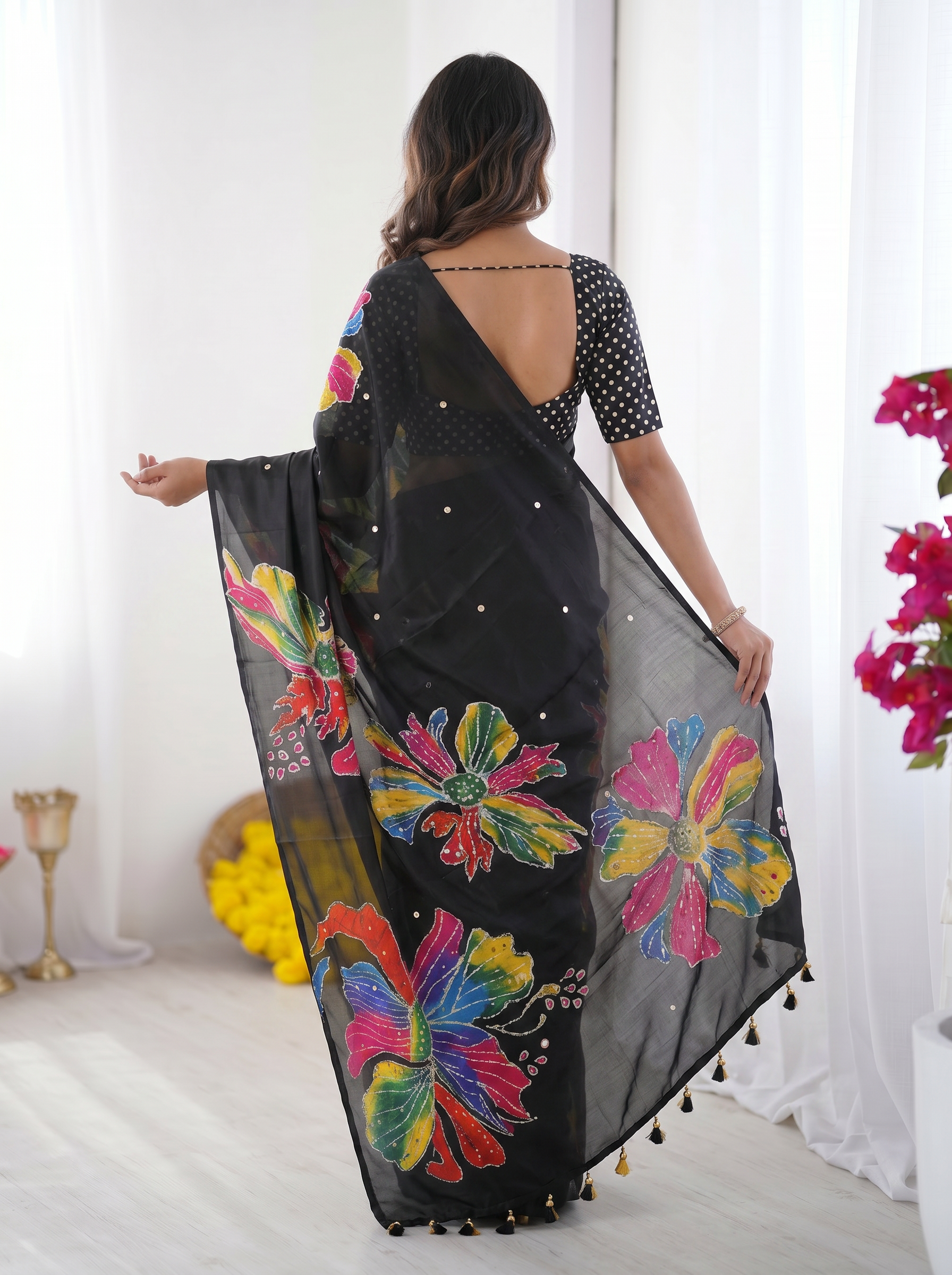 Black Modal Silk Saree with Multicolor Floral Art Print, Handcrafted-Inspired Design & Designer Tassel Pallu