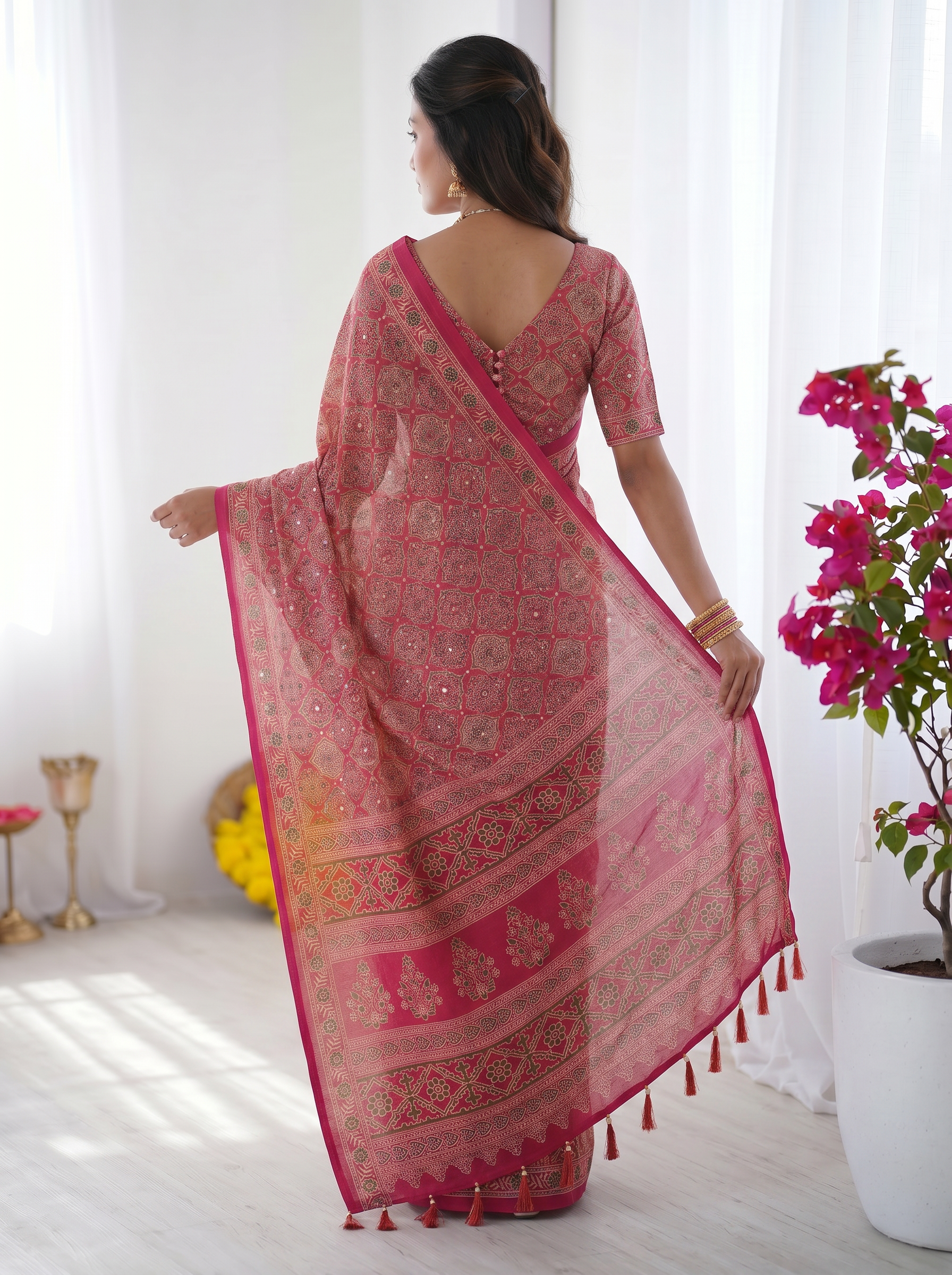 Rose Pink Modal Silk Saree with Heritage Motifs, Intricate All-Over Print & Designer Pallu