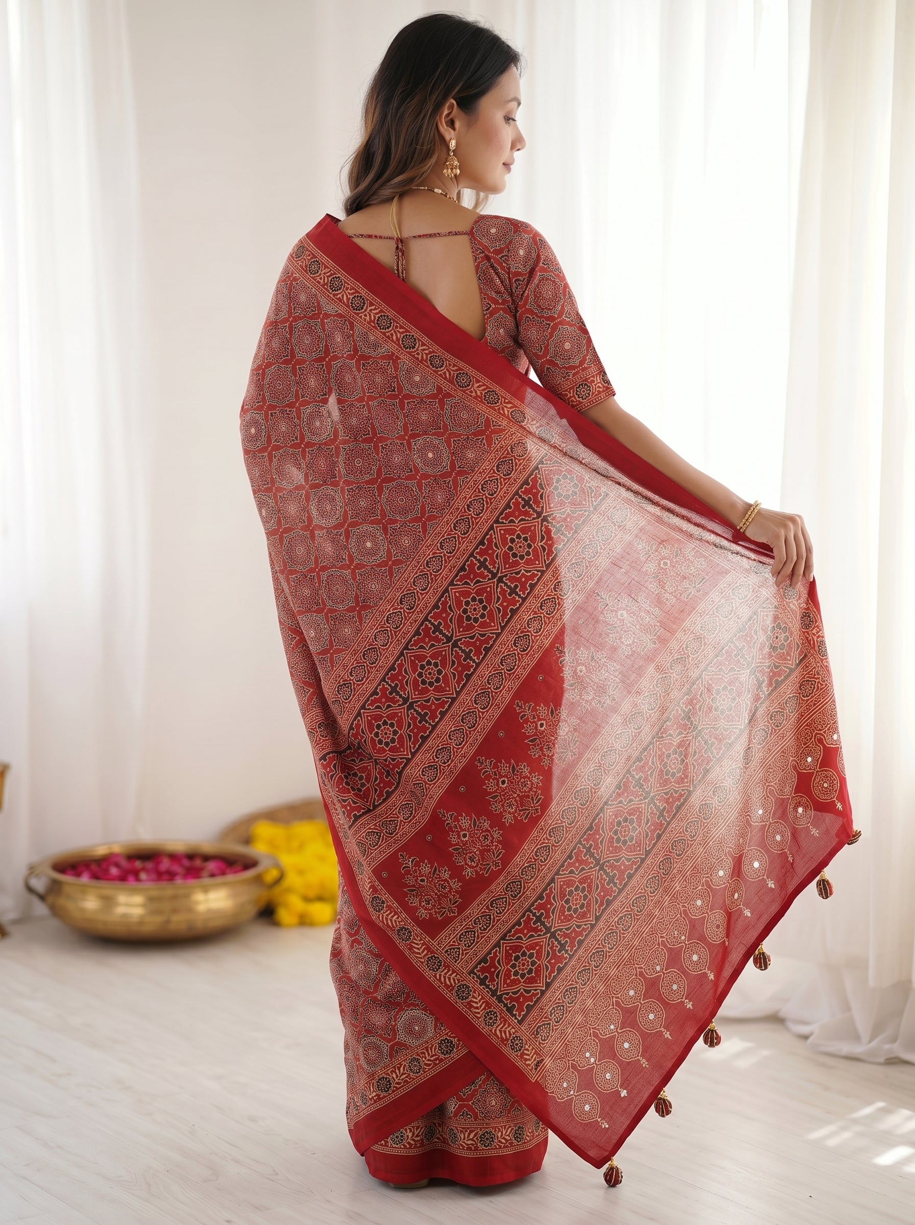 Ajrakh Inspired Print Ruby Red Pure Modal Silk Saree with Heritage & Traditional Designer Pallu