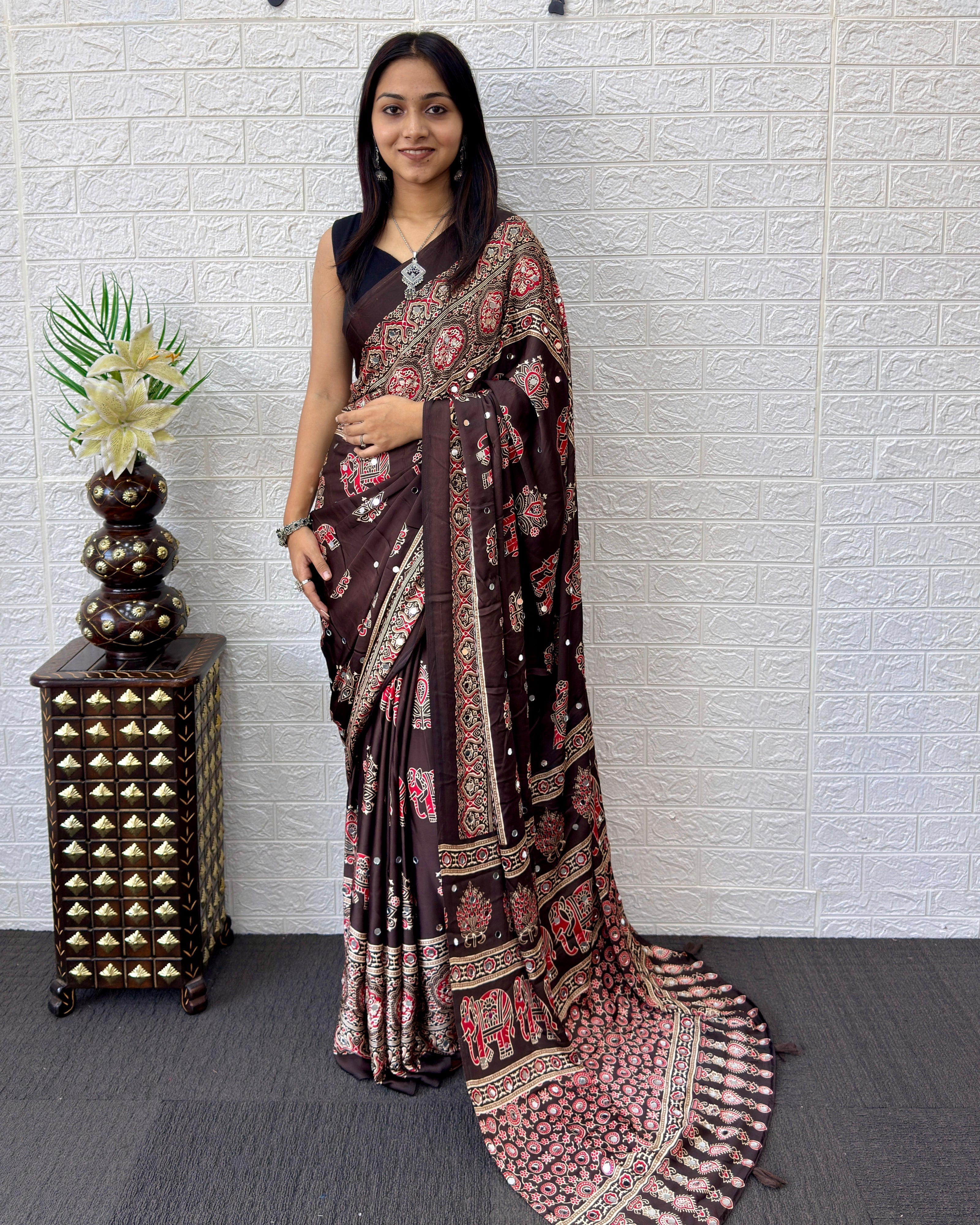 Chocolate Brown Modal Silk Saree with Elephant Motif Heritage Print & Designer Pallu | Traditional Festive Wear Saree