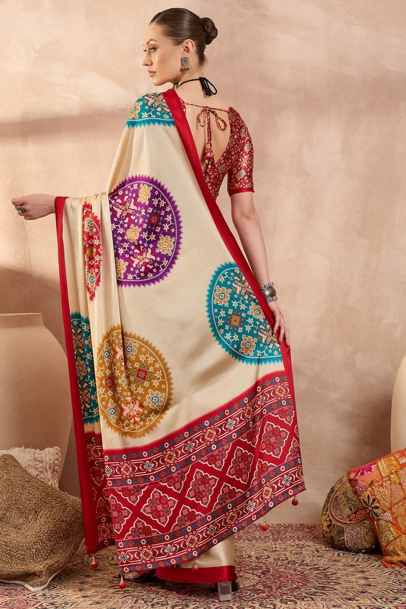 Cream Modal Silk Saree with Multicolor Patola-Inspired Print & Ruby Red Border | Designer Festive Wear Saree