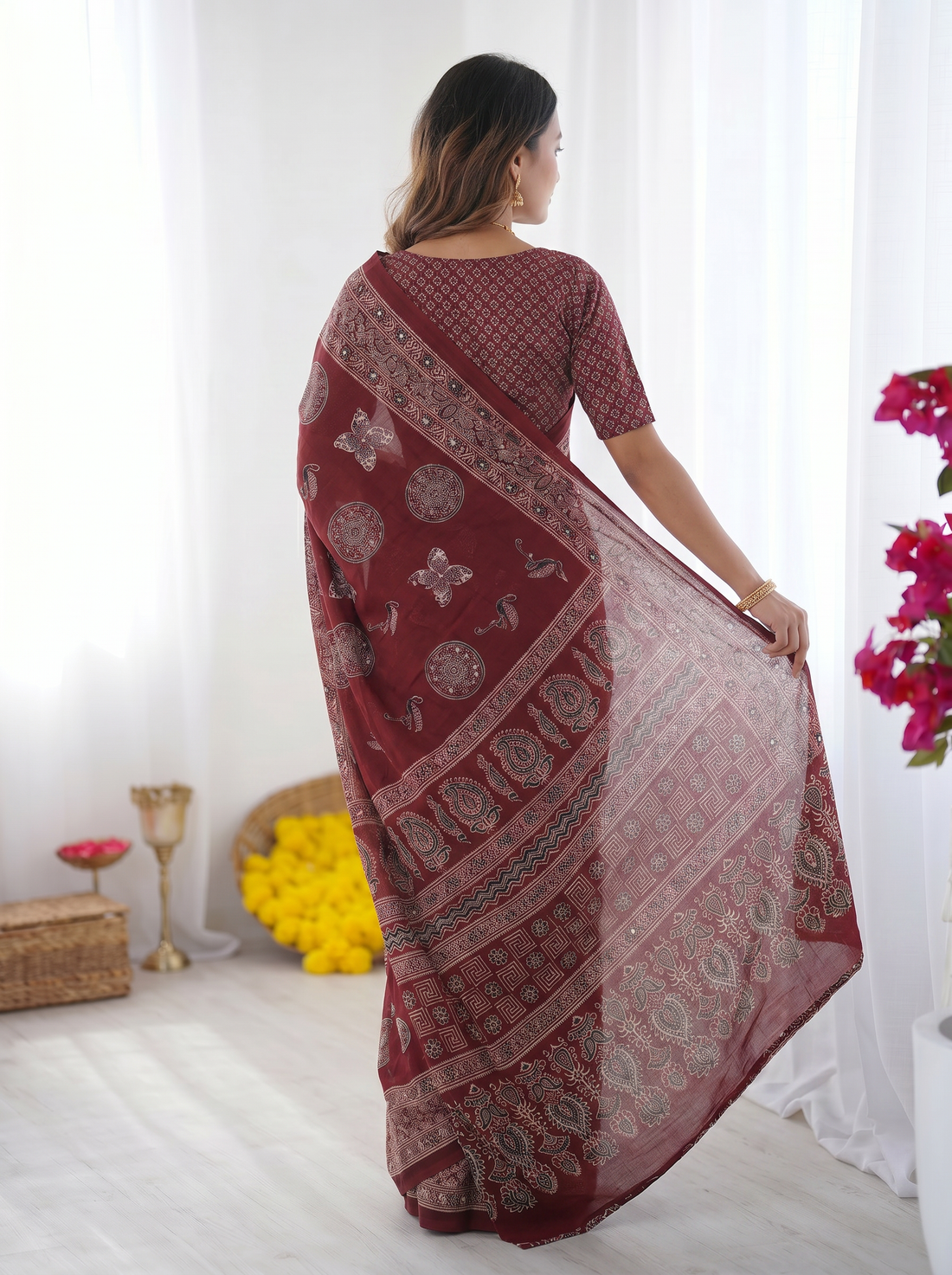 Maroon Modal Silk Saree with Paisley & Circular Motif Print | Designer Heritage Pallu Saree for Festive Wear