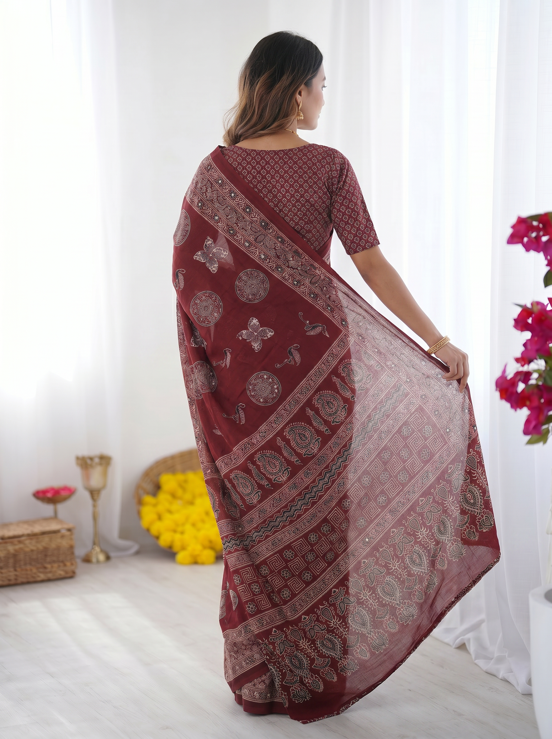 Maroon Modal Silk Saree with Paisley & Circular Motif Print | Designer Heritage Pallu Saree for Festive Wear