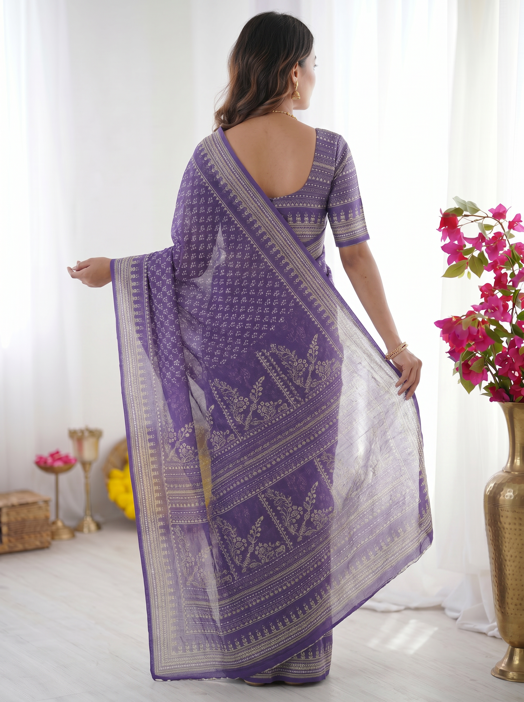 Royal Purple Modal Silk Saree with Delicate Floral Butti Prints, Traditional Woven Border & Heritage Designer Pallu