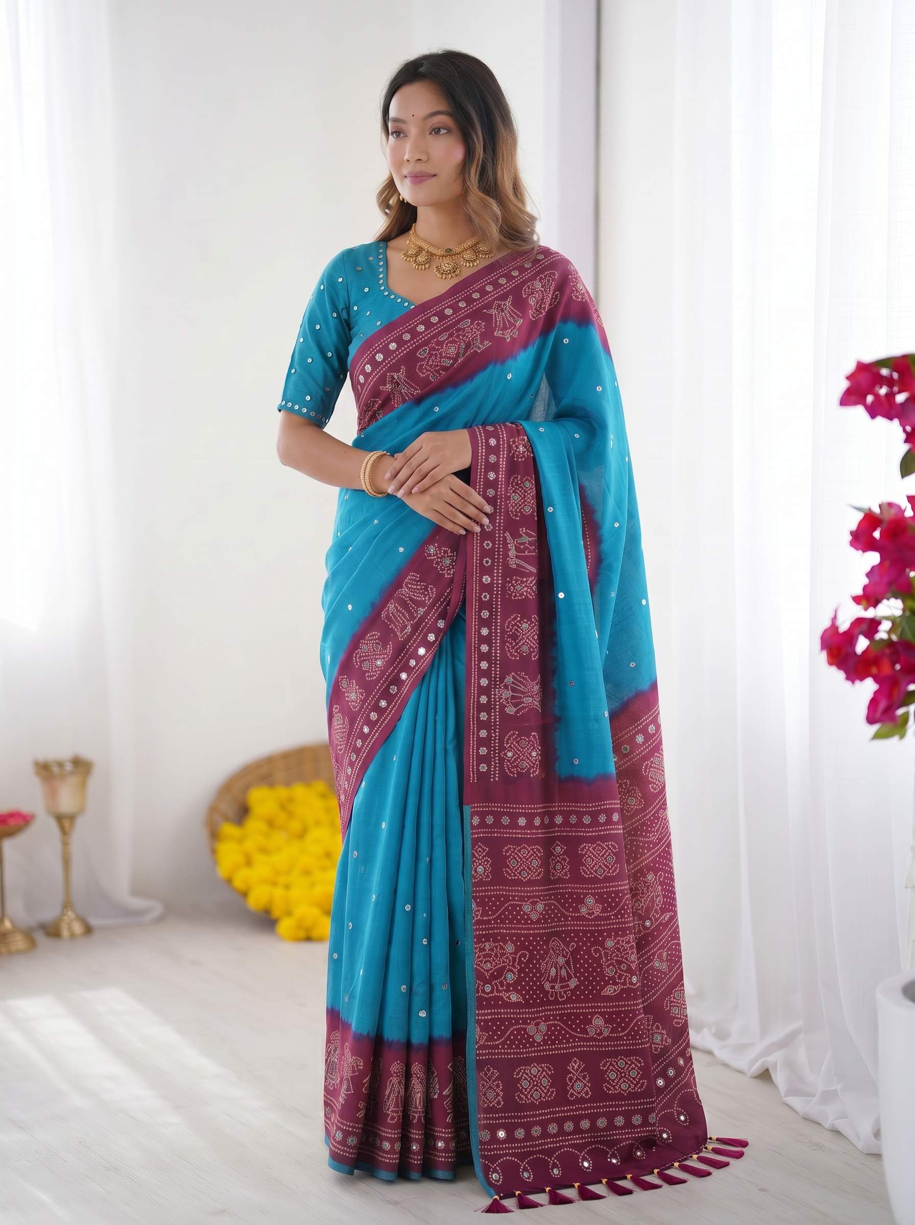 Sky Blue & Wine Purple Bandhani Printed Cotton Silk Saree with Traditional Folk Border & Tassel Pallu