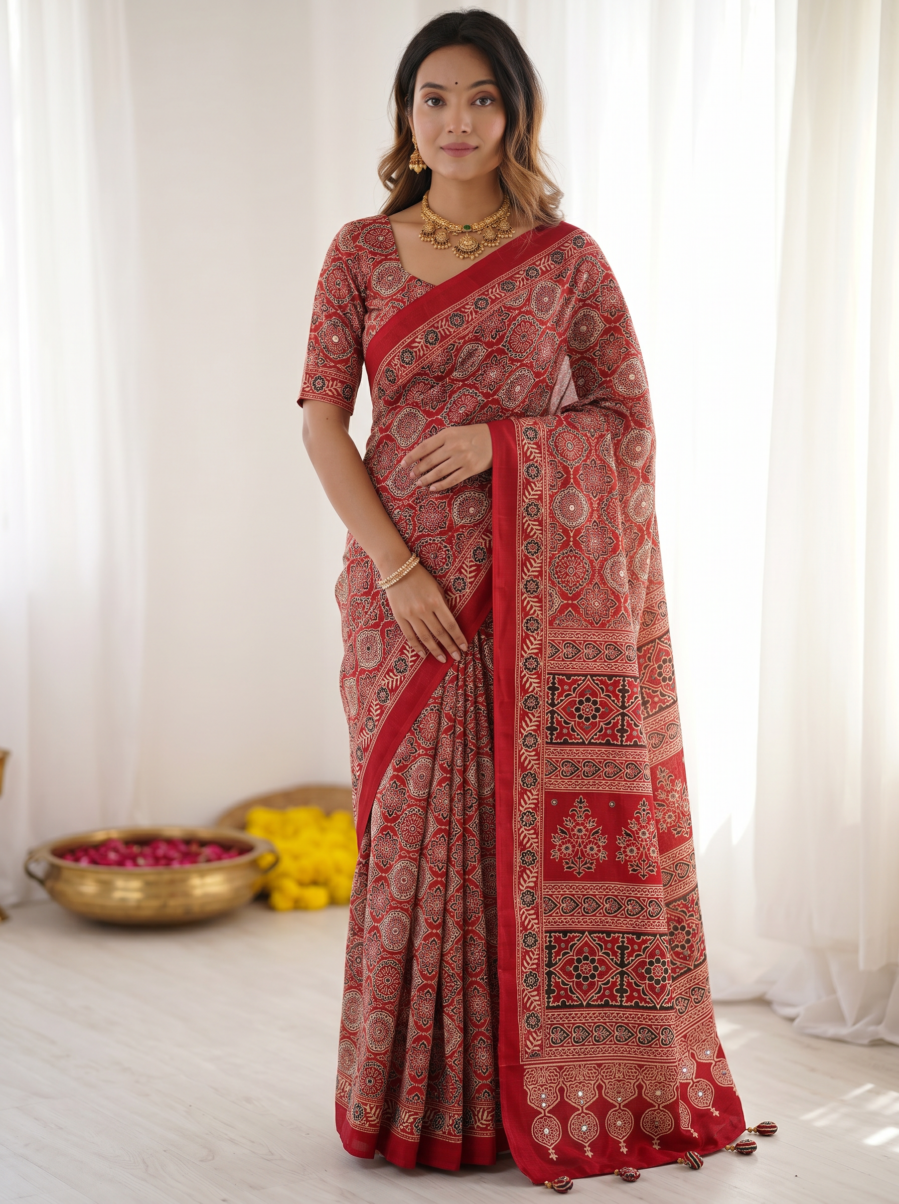 Ajrakh Inspired Print Ruby Red Pure Modal Silk Saree with Heritage & Traditional Designer Pallu