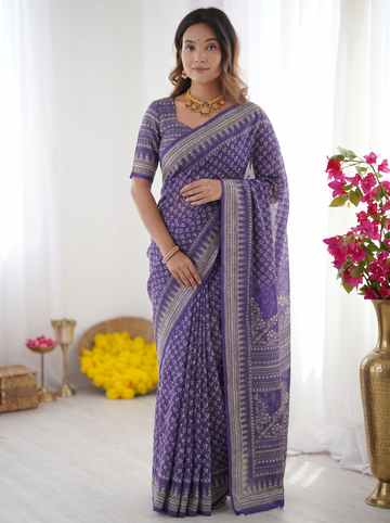 Royal Purple Modal Silk Saree with Delicate Floral Butti Prints, Traditional Woven Border & Heritage Designer Pallu