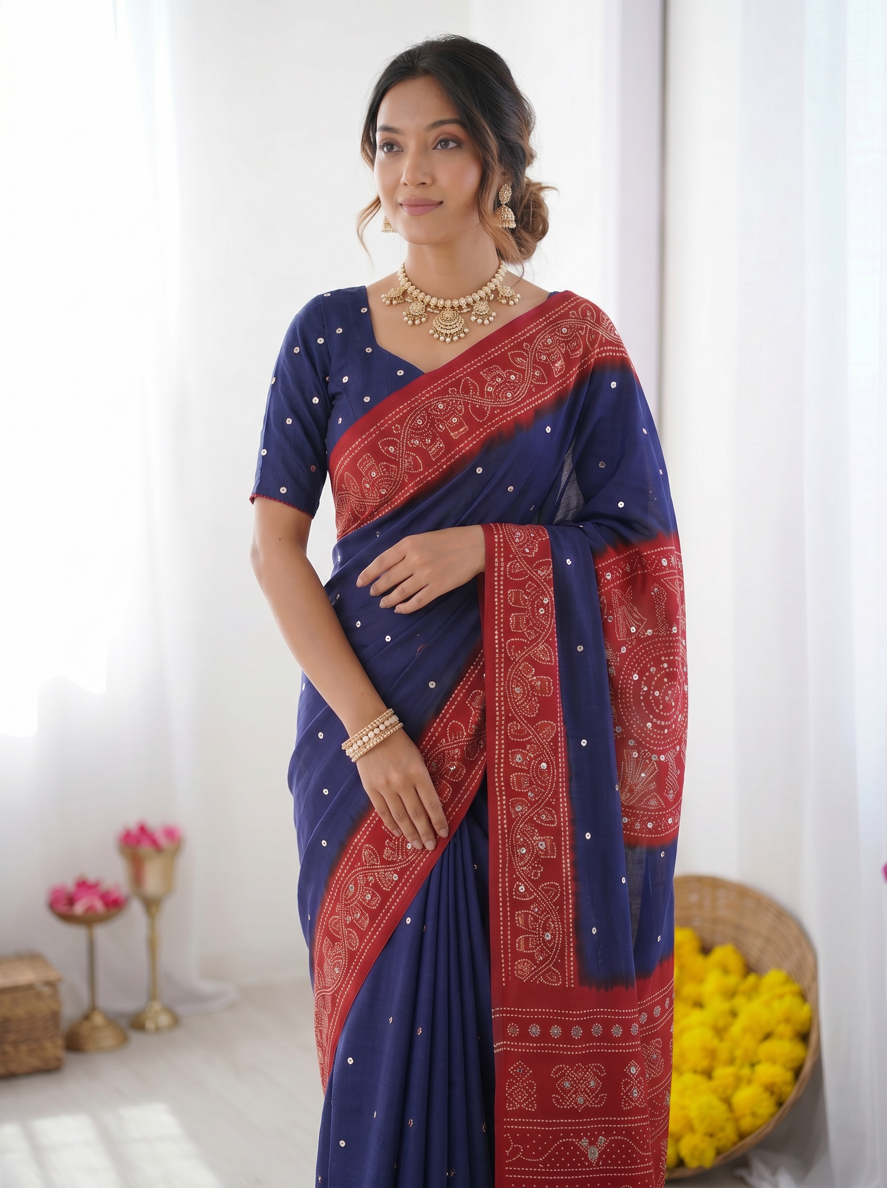 Royal Blue & Crimson Red Bandhani Inspired Modal Silk Saree with Traditional Folk Art Pallu & Stone Embellishments
