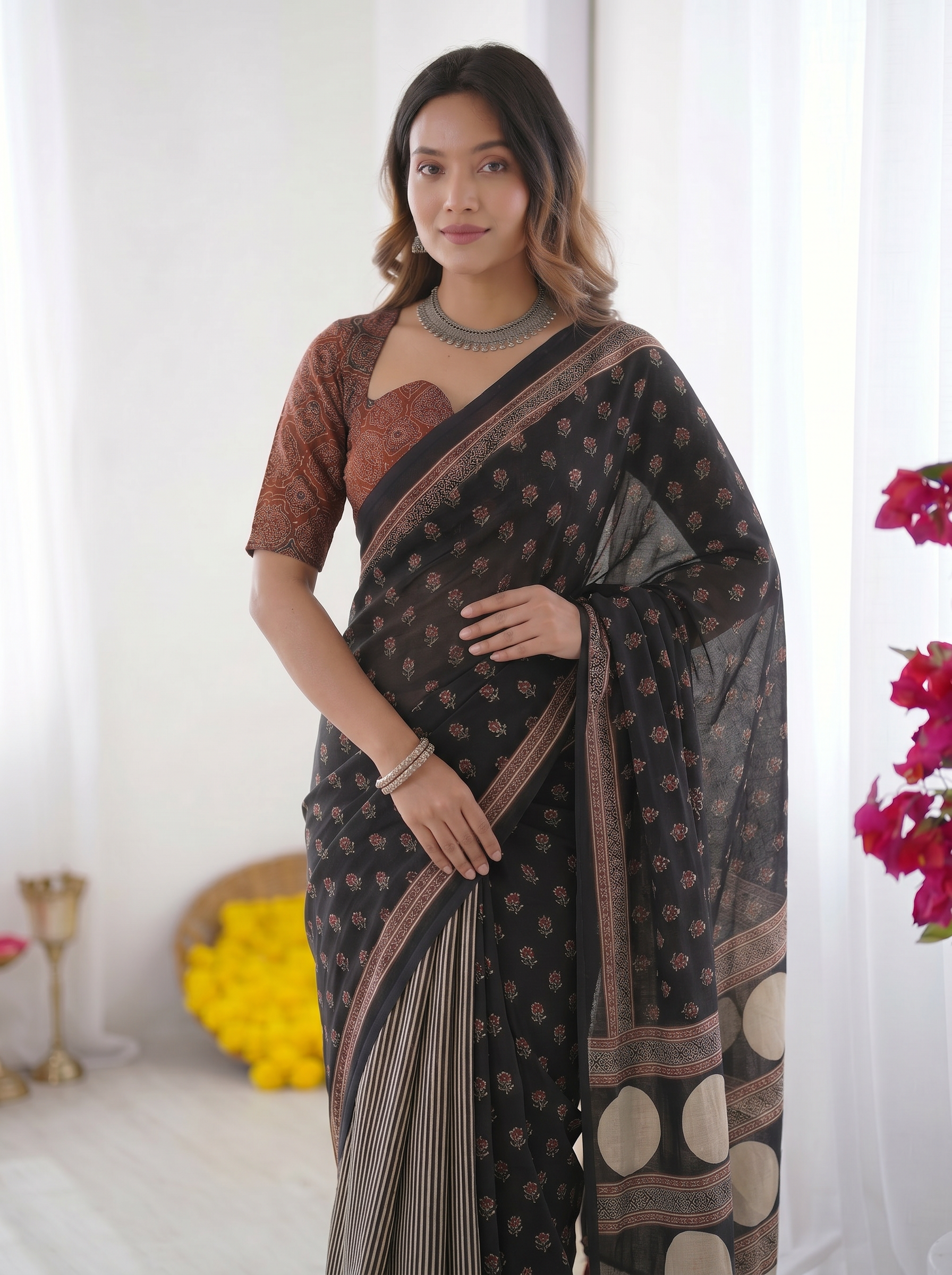 Black Modal Silk Saree with Floral Butti Prints, Striped Pleats & Statement Geometric Designer Pallu