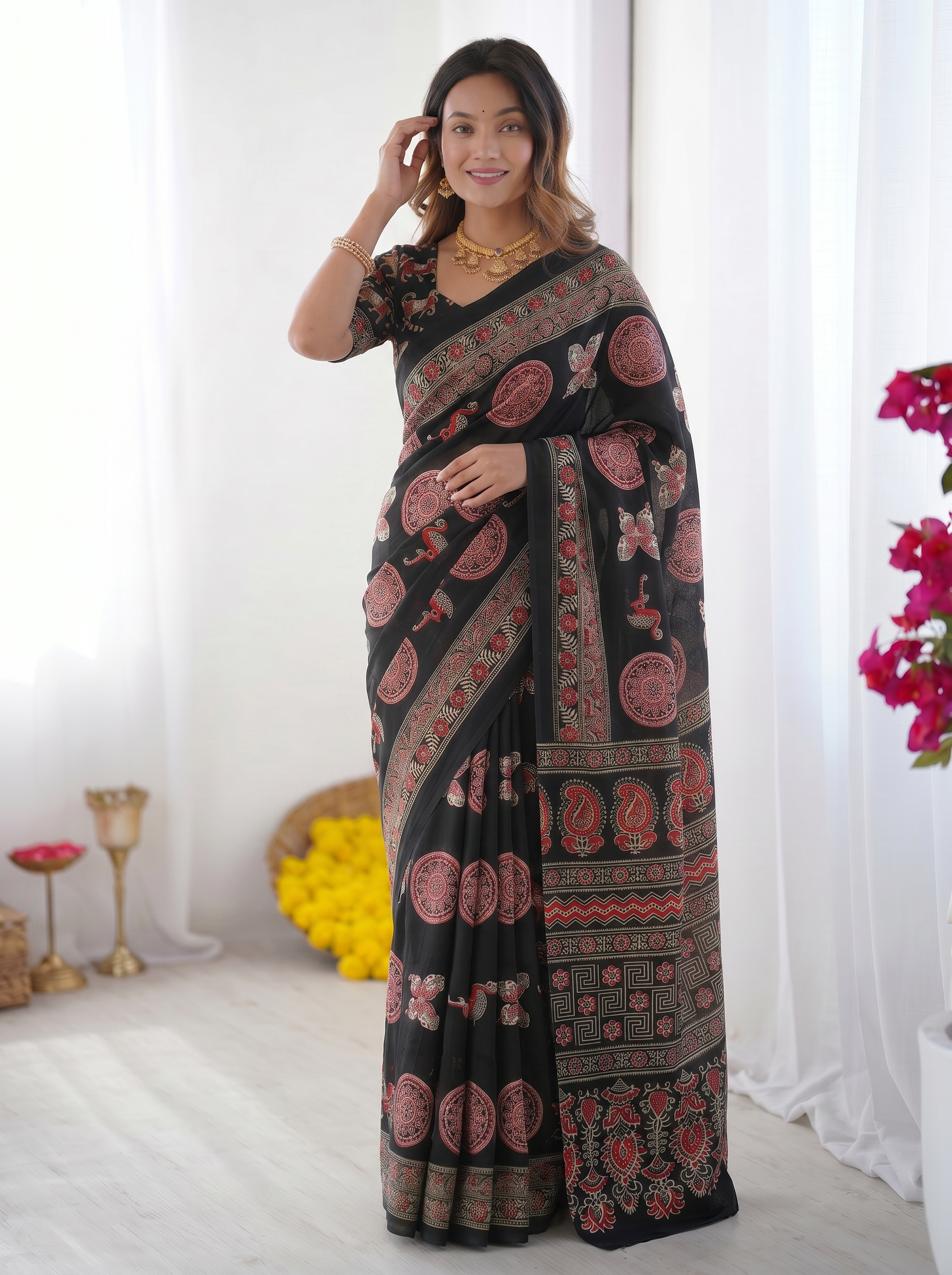 Black Modal Silk Saree with Traditional Ajrakh-Inspired Circular Motif Print & Designer Pallu | Festive & Ethnic Wear Saree