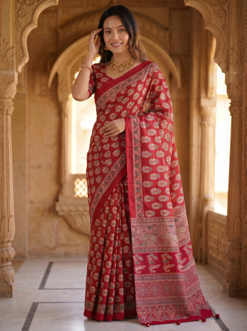 Royal Crimson Red Pure Modal Silk Saree with Heritage Floral Buti Print & Traditional Designer Pallu