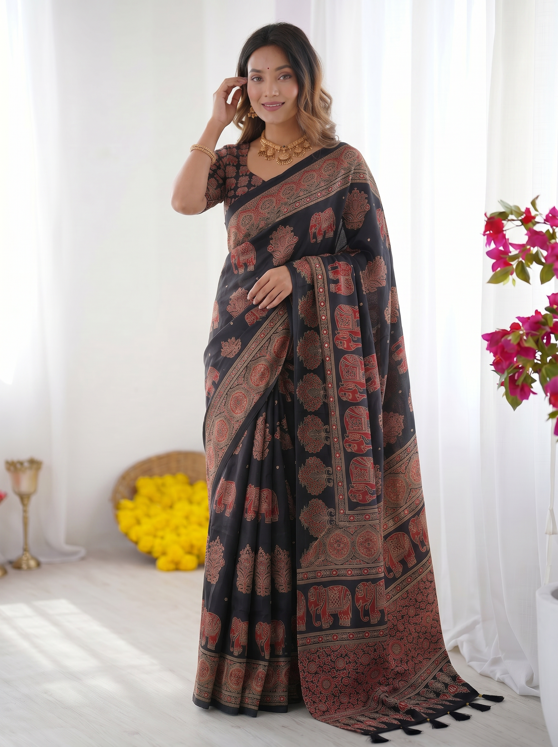 Black Modal Silk Saree with Elephant Motif Ajrakh Print & Heritage Designer Pallu | Traditional Festive Wear Saree