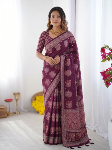 Plum Purple Modal Silk Saree with Elephant Motif Print & Heritage Designer Pallu | Traditional Festive Wear Saree