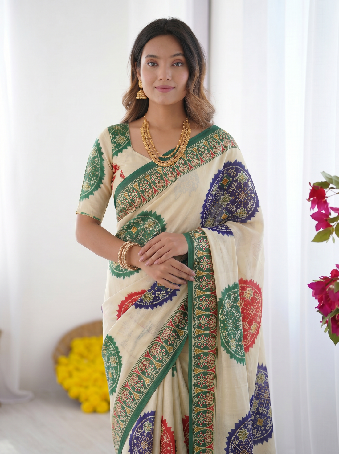 Ivory White & Emerald Green Pure Modal Silk Saree with Multicolor Mandala Print & Heritage Designer Pallu