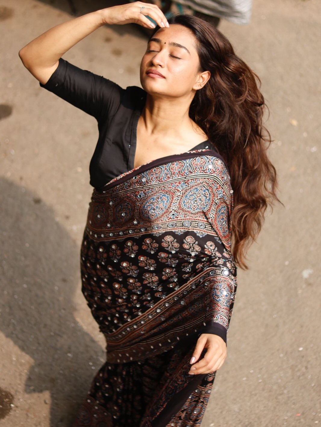 Black Ajrakh Printed Modal Silk Saree with Tassels & Attached Blouse | Traditional Ethnic & Festive Wear Saree