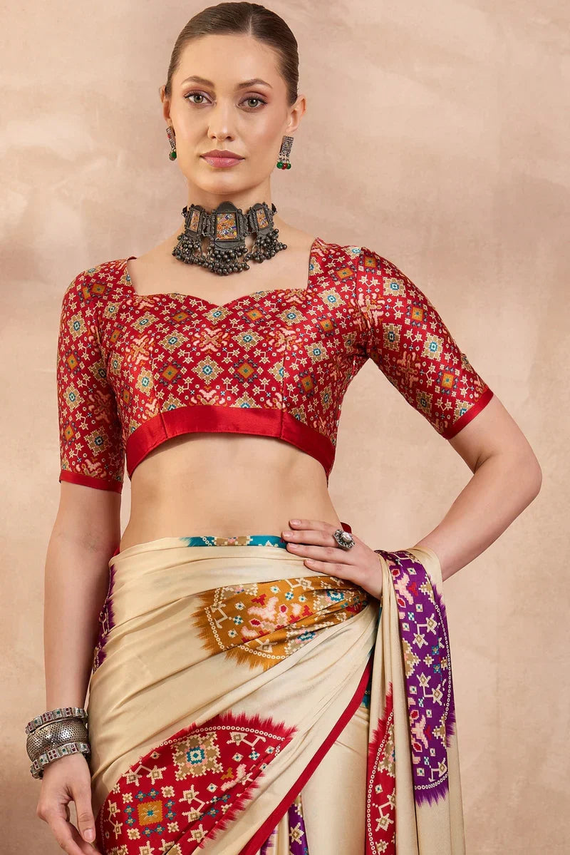 Cream Modal Silk Saree with Multicolor Patola-Inspired Print & Ruby Red Border | Designer Festive Wear Saree