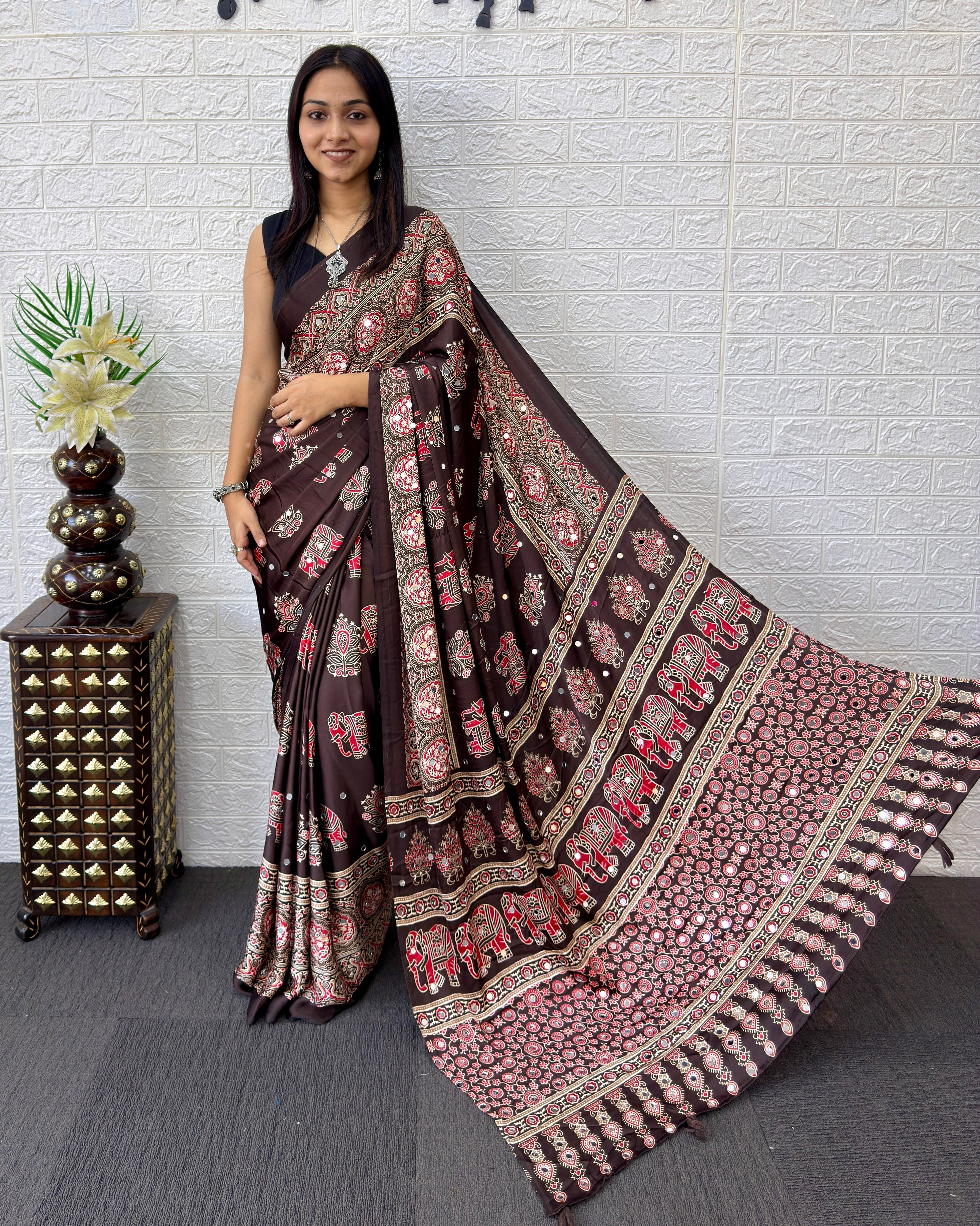 Chocolate Brown Modal Silk Saree with Elephant Motif Heritage Print & Designer Pallu | Traditional Festive Wear Saree