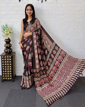 Chocolate Brown Modal Silk Saree with Elephant Motif Heritage Print & Designer Pallu | Traditional Festive Wear Saree