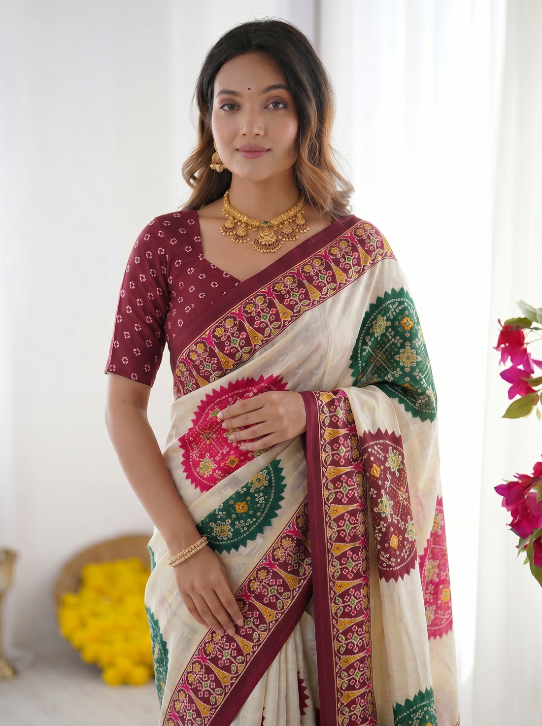 Ivory Cream & Wine Purple Pure Modal Silk Saree with Multicolor Mandala Print and Heritage Border