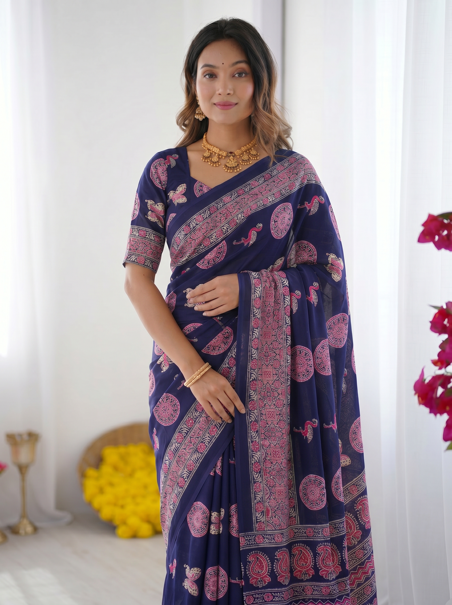Navy Blue Modal Silk Saree with Paisley & Circular Motif Print | Designer Heritage Pallu Saree for Festive Wear