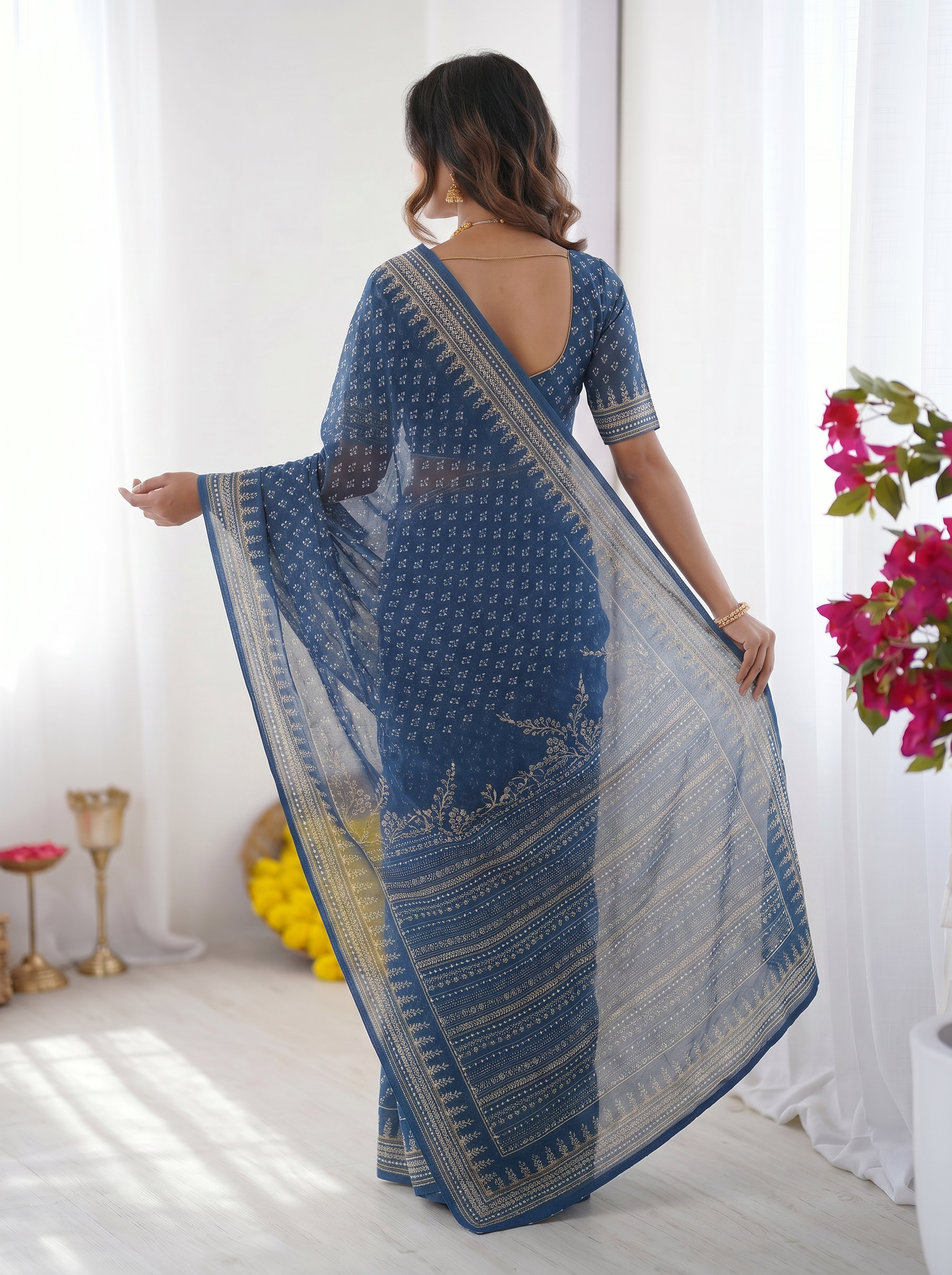 Steel Blue Modal Silk Saree with Delicate Floral Butti Prints, Traditional Heritage Border & Elegant Designer Pallu