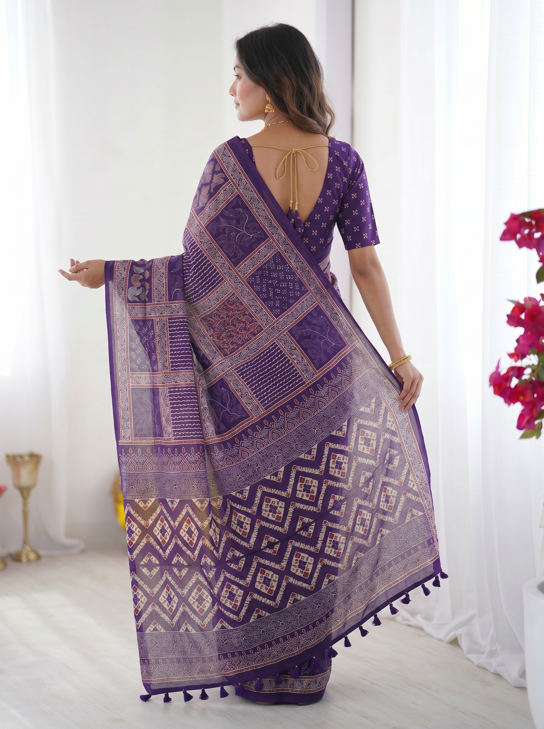 Royal Purple Modal Silk Saree with Tribal & Geometric Print | Designer Ethnic Pallu Saree for Festive Wear