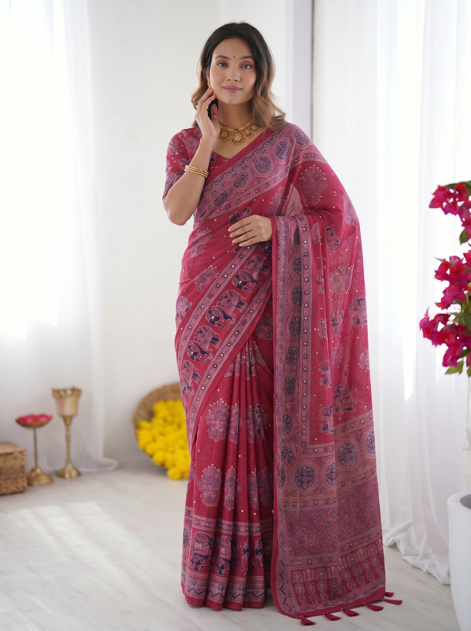 Rani Pink Modal Silk Saree with Elephant Motif Ajrakh Print & Designer Pallu | Festive Ethnic Wear Saree