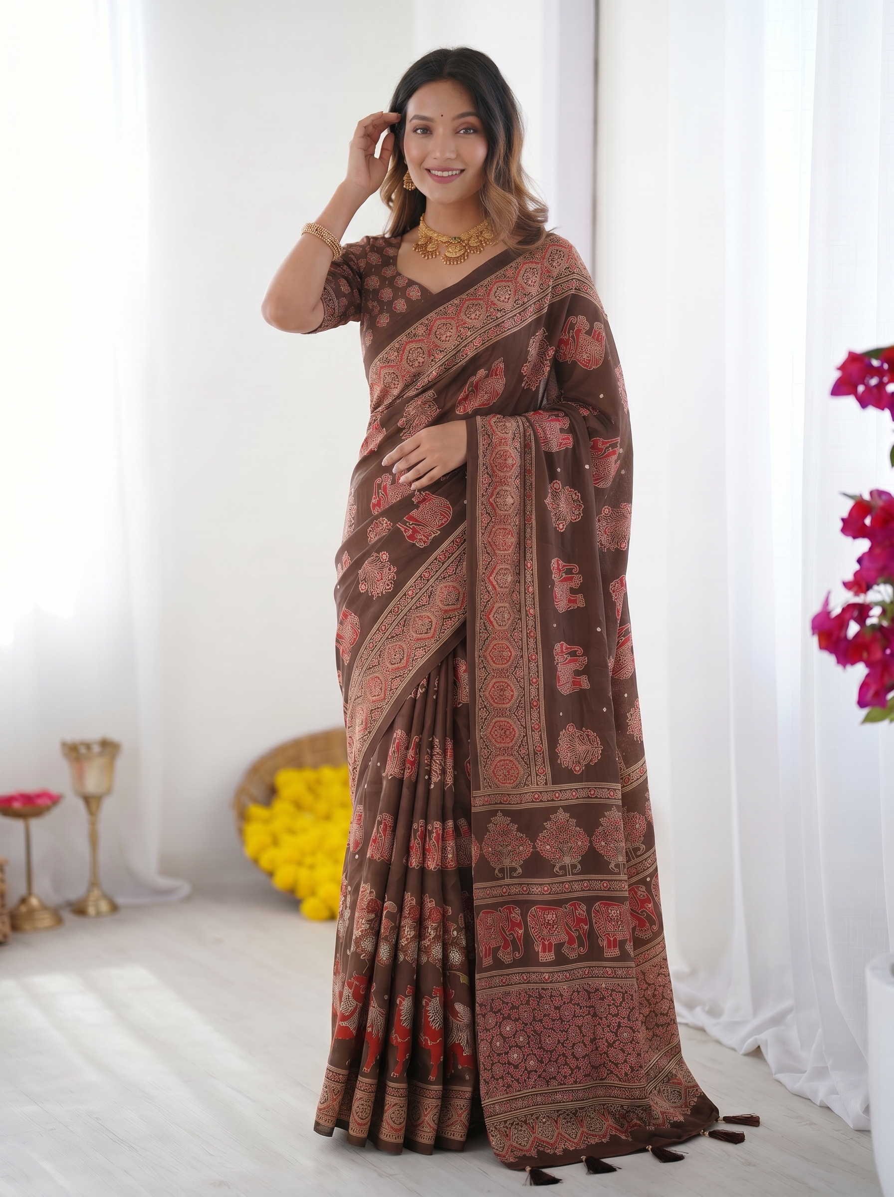 Chocolate Brown Modal Silk Saree with Elephant Motif Heritage Print & Designer Pallu | Traditional Festive Wear Saree
