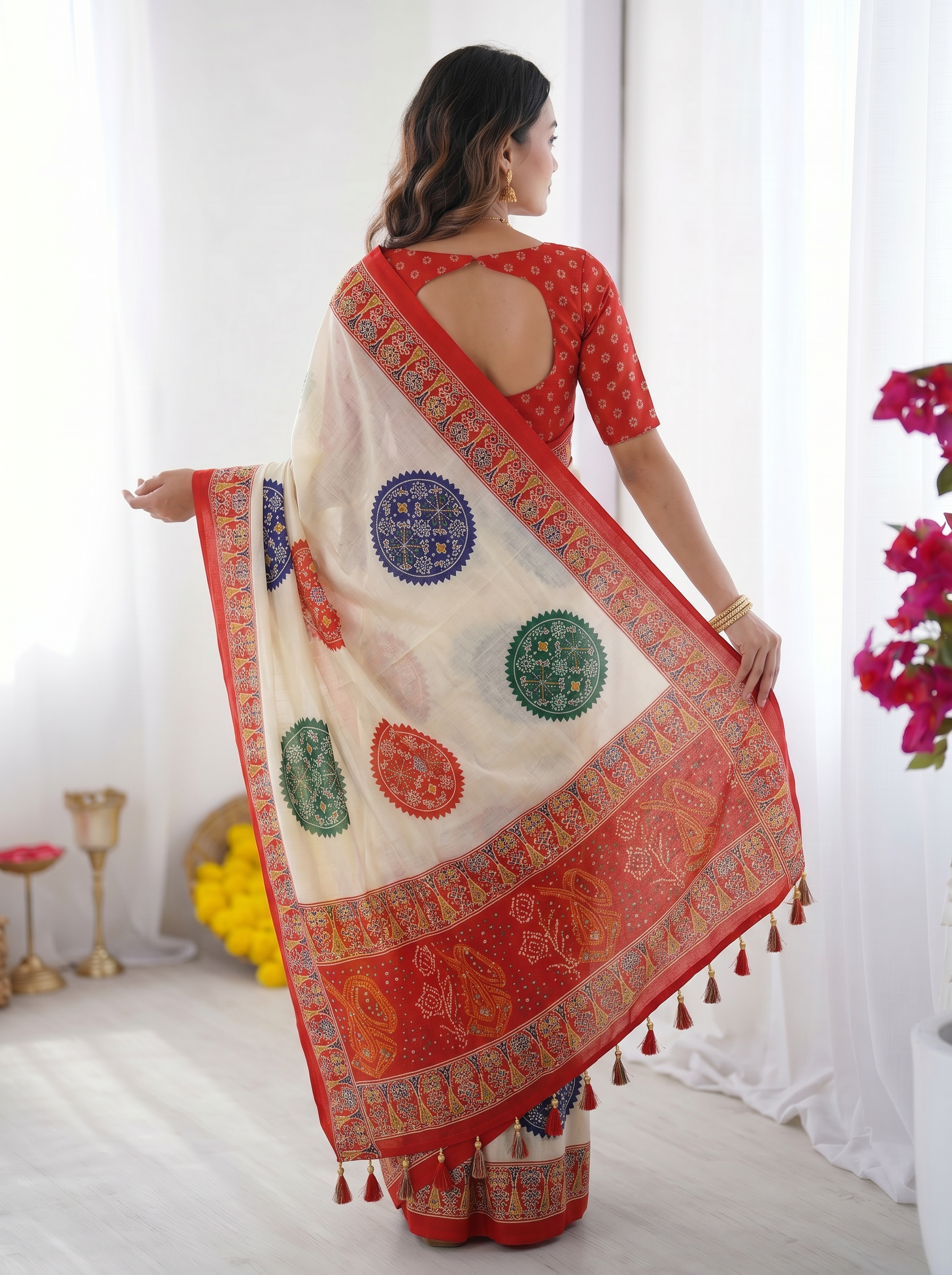 Ivory White & Vermilion Red Pure Modal Silk Saree with Multicolor Mandala Print & Traditional Designer Pallu