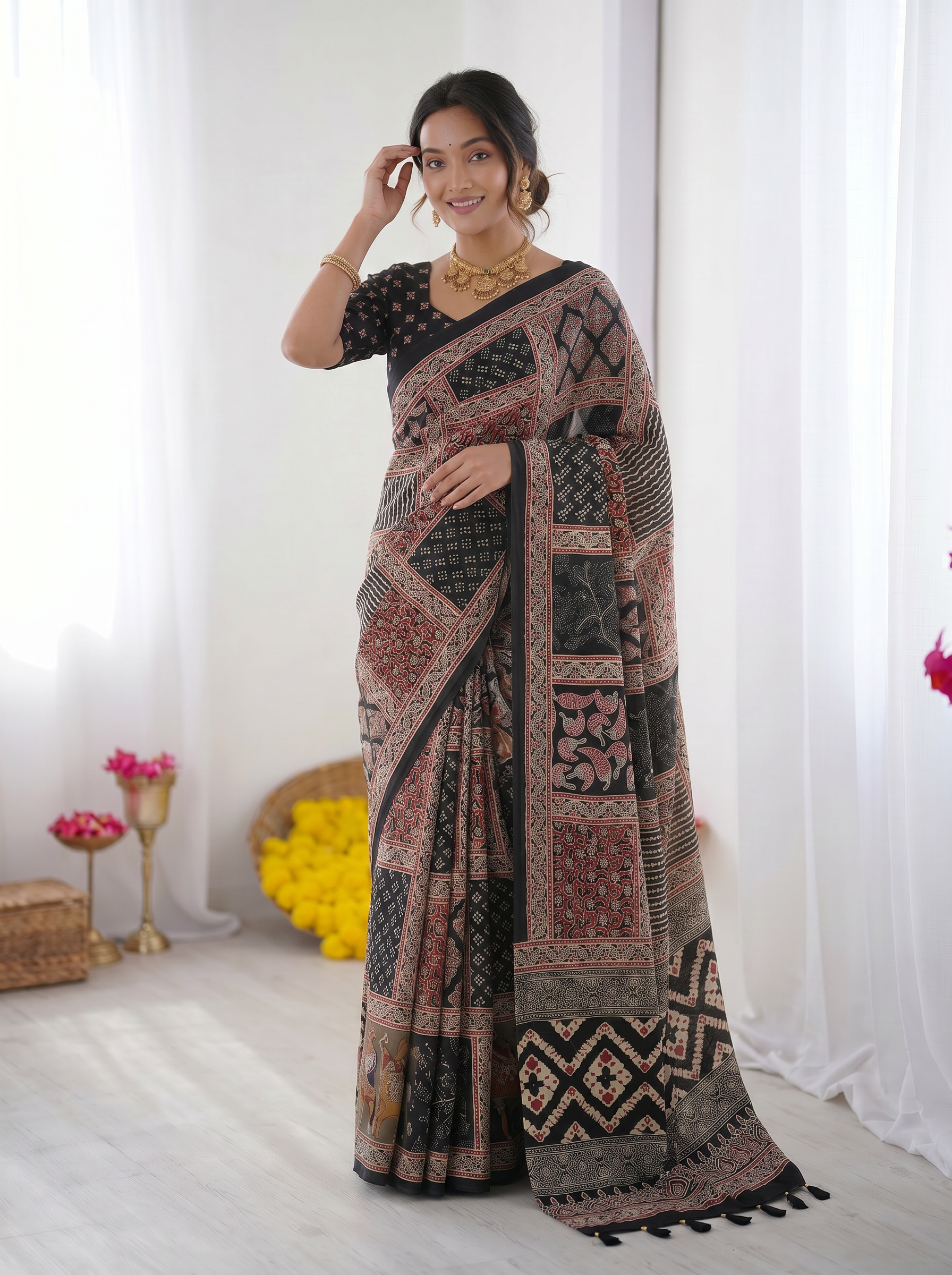 Black Modal Silk Saree with Tribal & Geometric Print | Designer Heritage Pallu Saree for Festive Wear