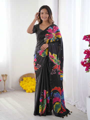 Black Modal Silk Saree with Multicolor Floral Art Print, Handcrafted-Inspired Design & Designer Tassel Pallu