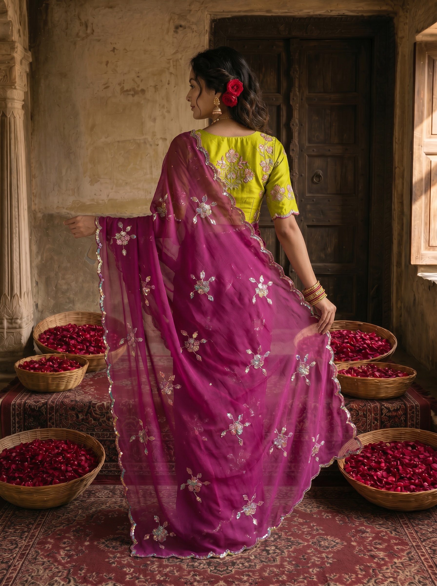 Magenta Purple Georgette Embroidered Saree with Floral Sequin Work & Contrast Lime Green Blouse